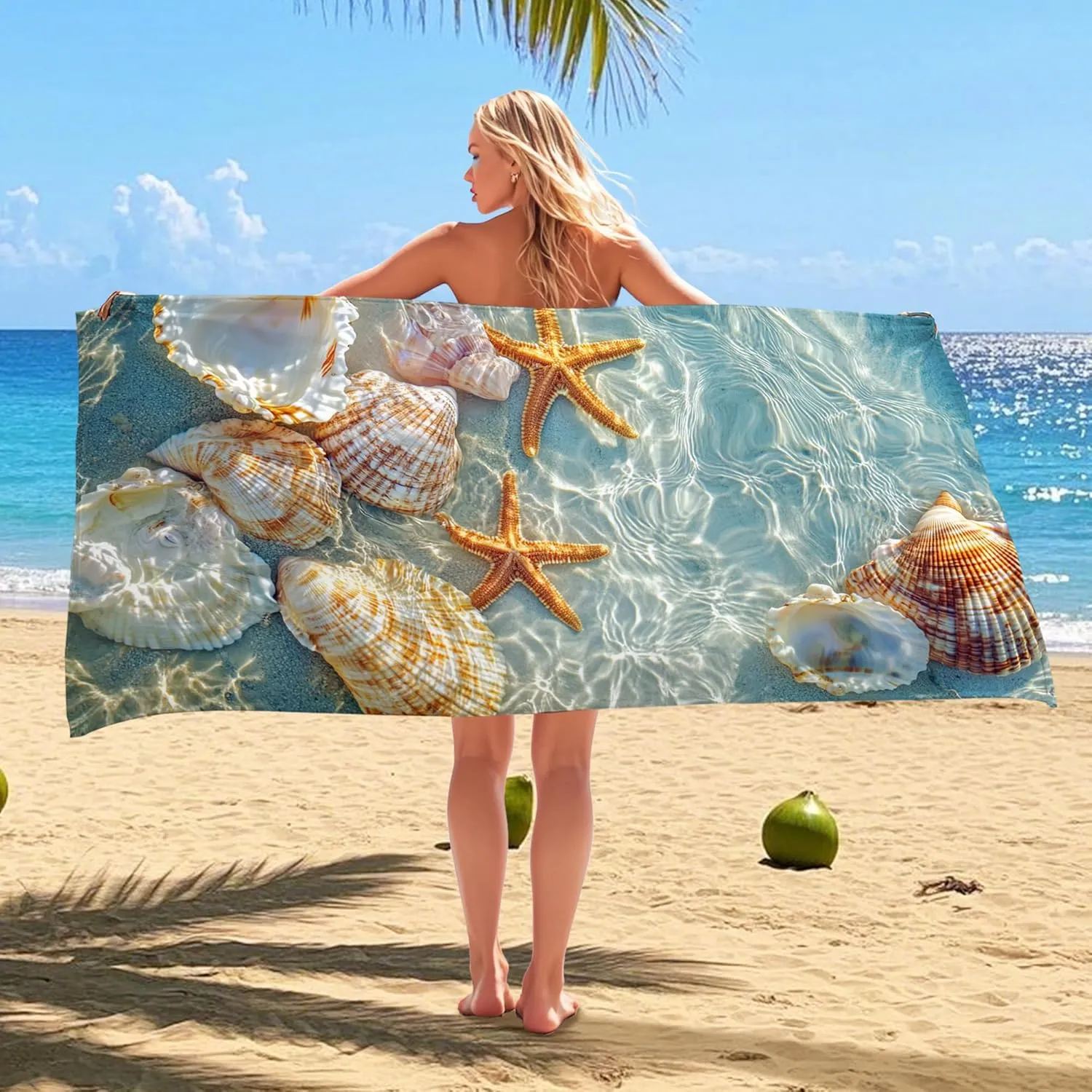 Ocean Shells Microfiber Beach Towel Blue Coastal Shells Quick Dry Absorbent Sand Free Oversized Lightweight Beach Blanket, Vacation Picnic Essentials 62x31 Inch