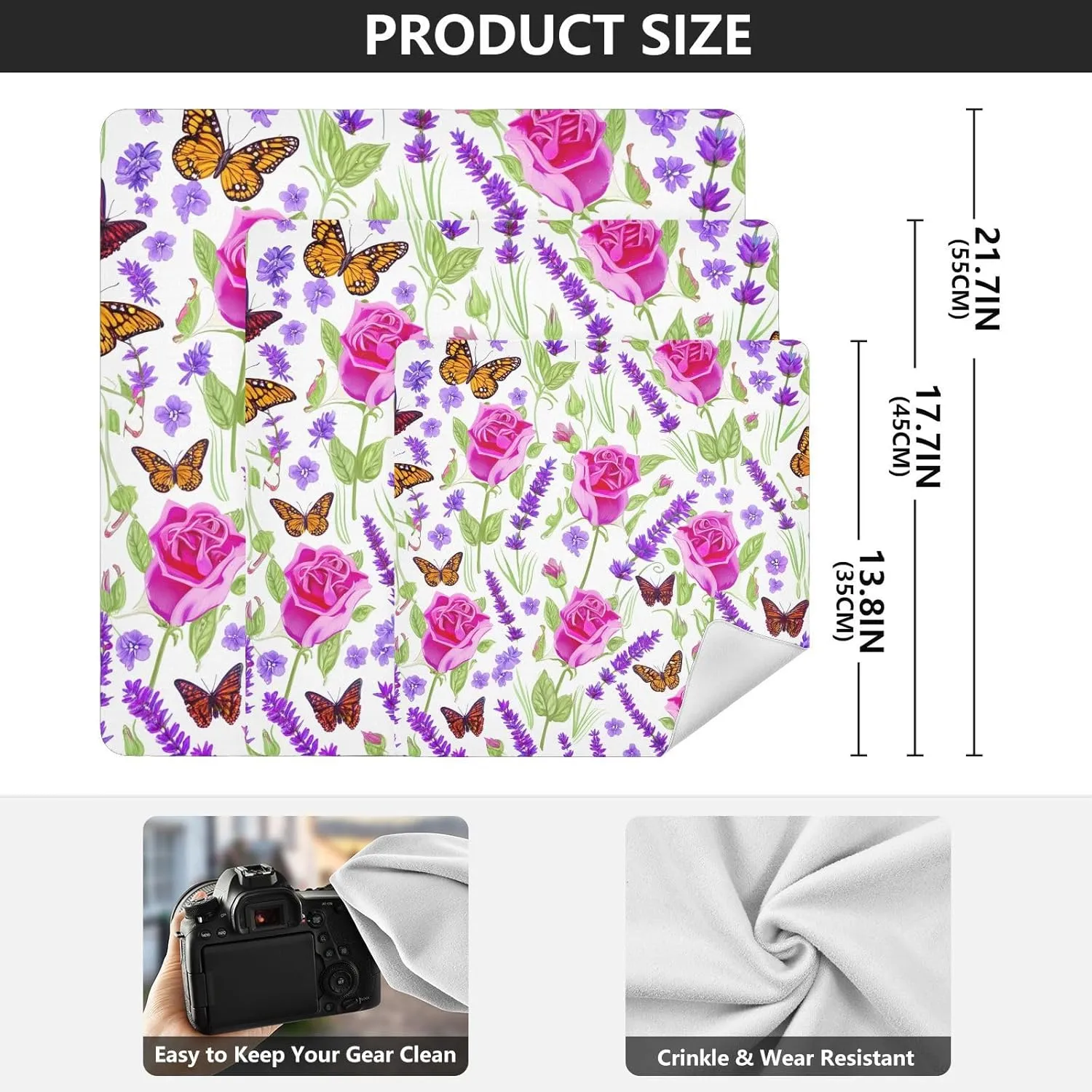 ODAWA Butterfly Rose Lavender Self-adhesive Cloth 21.7X21.7 Inch Changeable Capacity Cosmetic Bag Wrap Protection for Camera and Lens