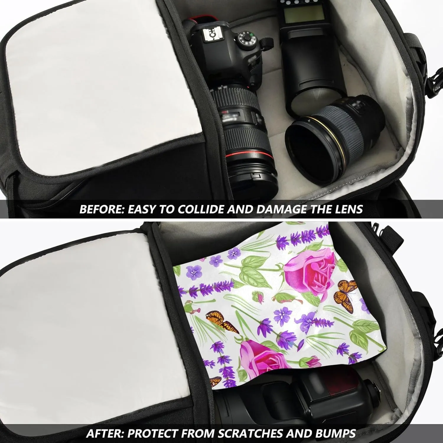ODAWA Butterfly Rose Lavender Self-adhesive Cloth 21.7X21.7 Inch Changeable Capacity Cosmetic Bag Wrap Protection for Camera and Lens