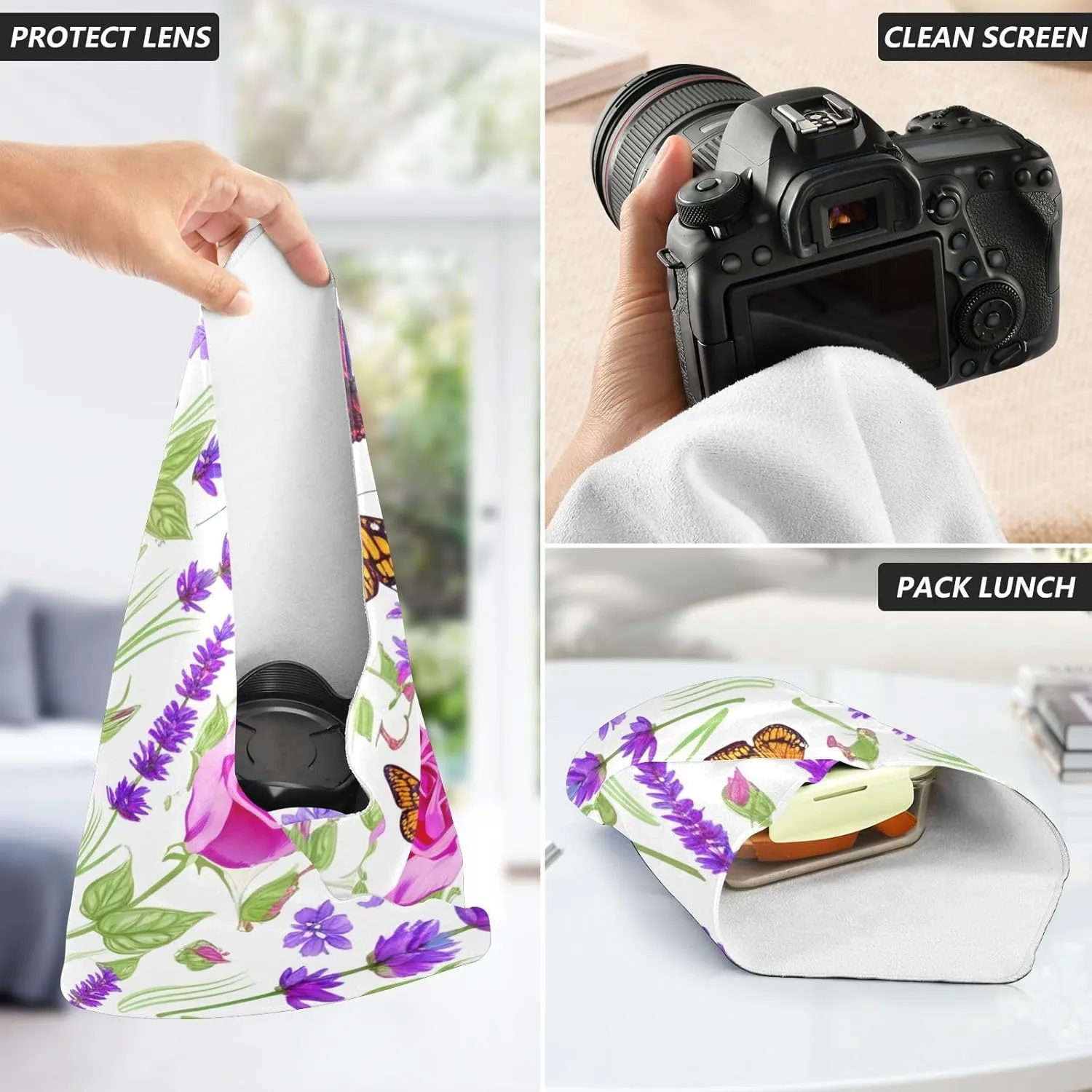 ODAWA Butterfly Rose Lavender Self-adhesive Cloth 21.7X21.7 Inch Changeable Capacity Cosmetic Bag Wrap Protection for Camera and Lens