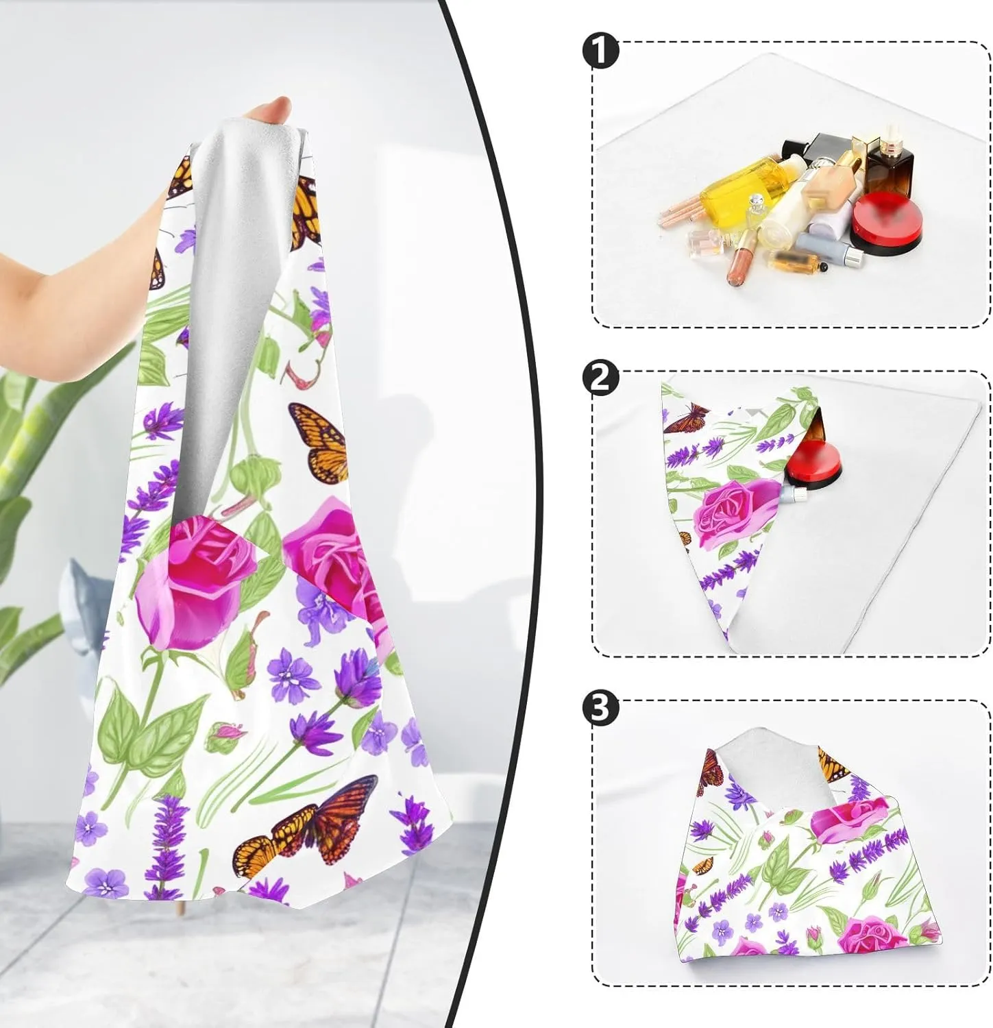 ODAWA Butterfly Rose Lavender Self-adhesive Cloth 21.7X21.7 Inch Changeable Capacity Cosmetic Bag Wrap Protection for Camera and Lens