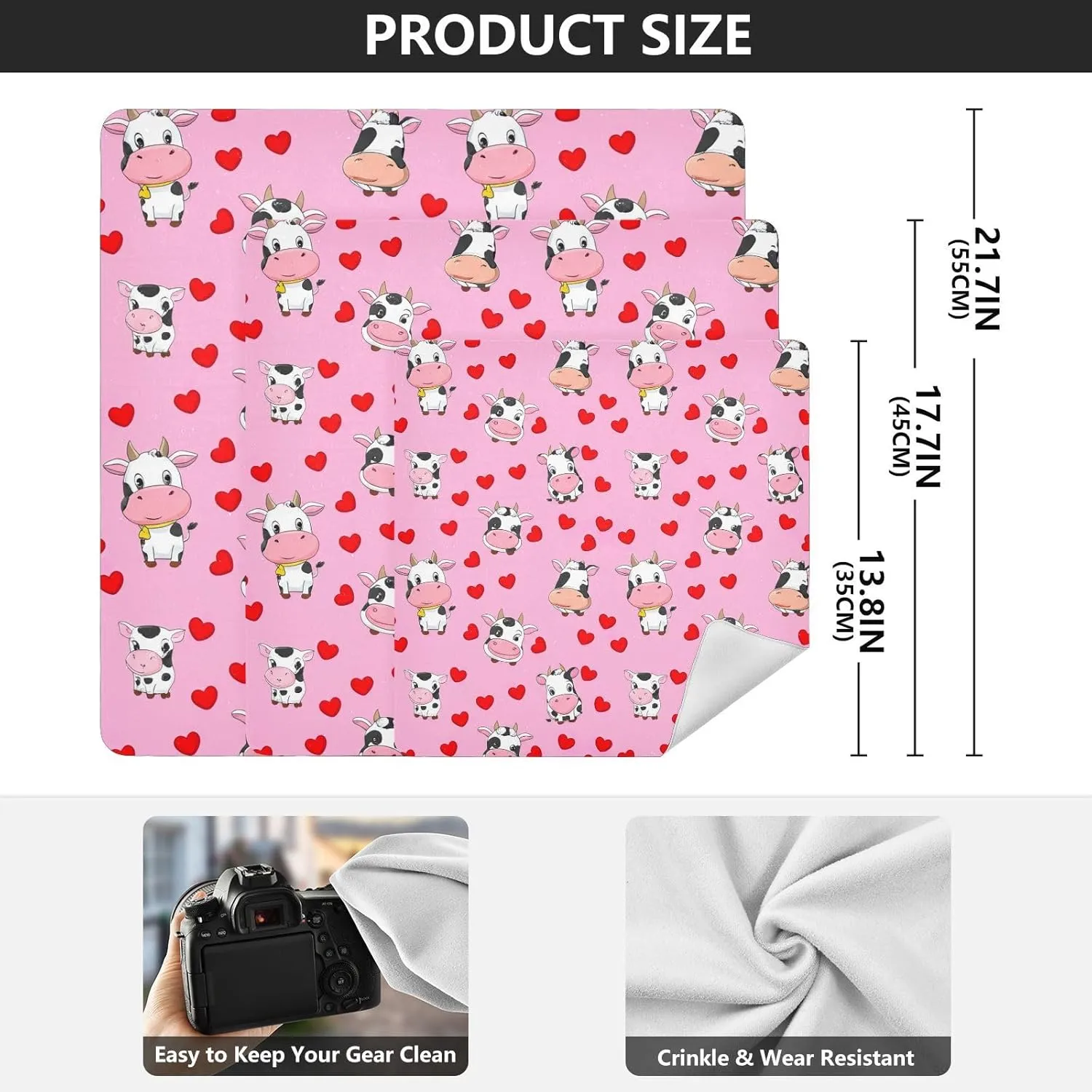 ODAWA Cute Cows Red Hearts 21.7"x21.7" Self-adhesive Cloth Soft Reusable Wrap Cloth, Self Adhesive Wraps for Electronics