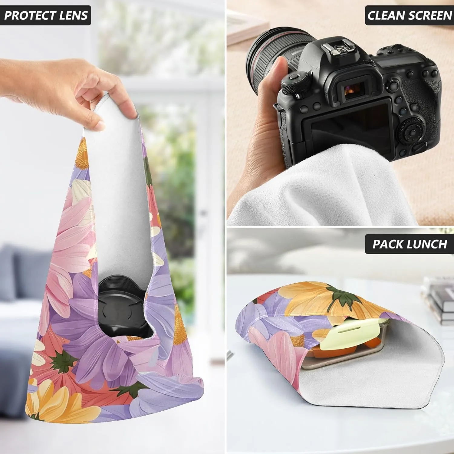 ODAWA Self Adhesive Cloth 21.7"x21.7" Floral Daisies Purple Lens Protector Wrapper for Camera, Lens, Laptop