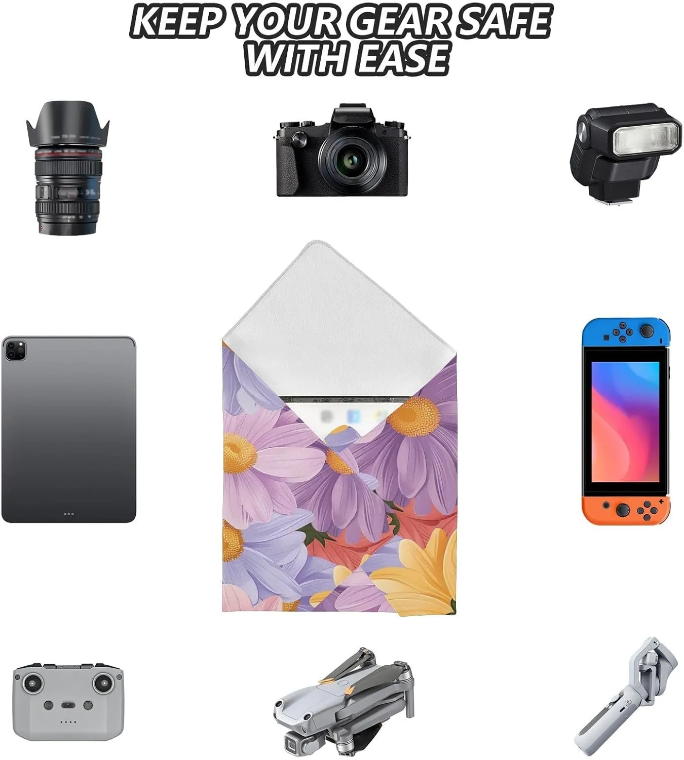 ODAWA Self Adhesive Cloth 21.7"x21.7" Floral Daisies Purple Lens Protector Wrapper for Camera, Lens, Laptop