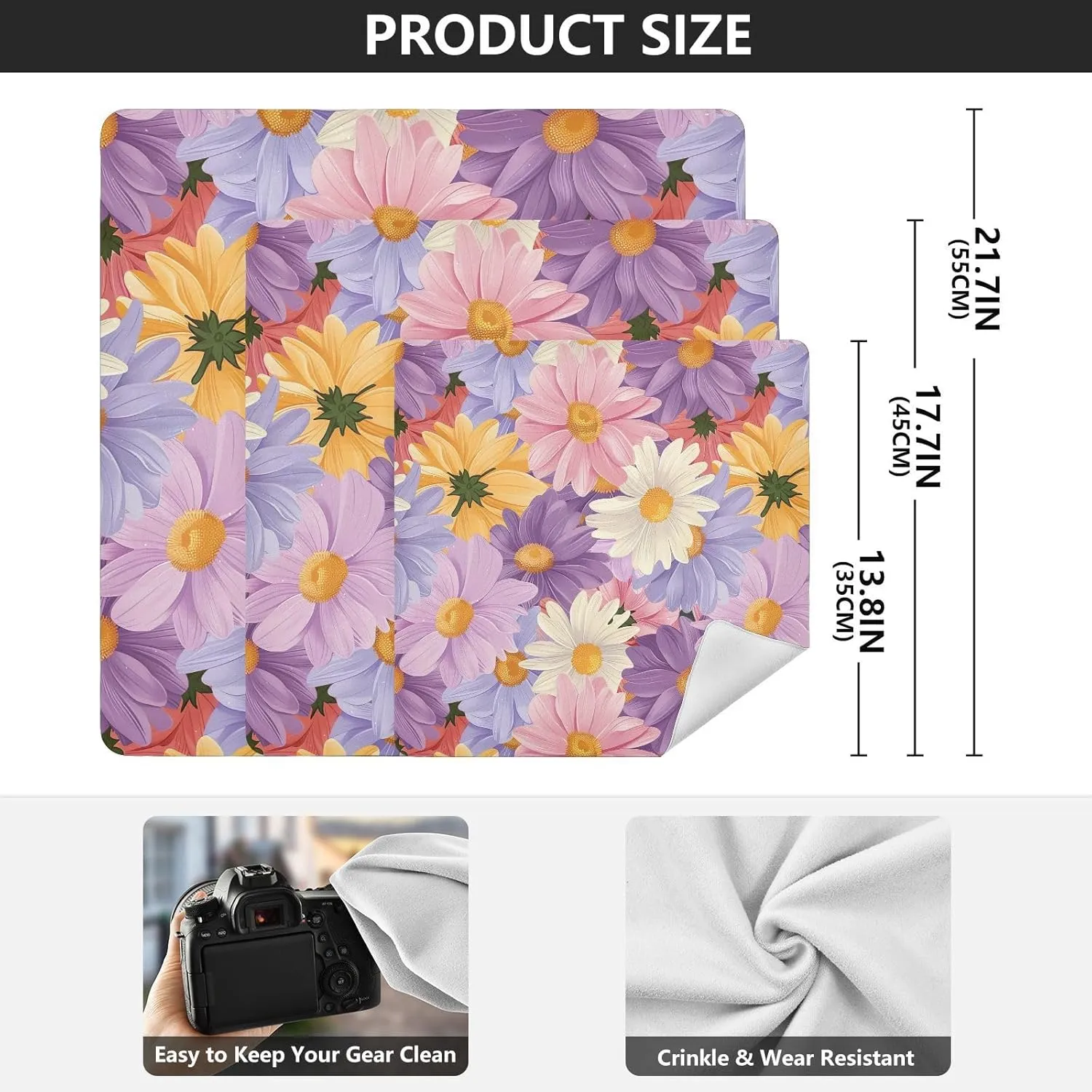 ODAWA Self Adhesive Cloth 21.7"x21.7" Floral Daisies Purple Lens Protector Wrapper for Camera, Lens, Laptop