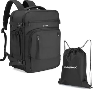 Omnpak Travel Backpack 18x14x8, Spirit Airlines Personal Item Bag with Shoe Compartment,17 Inch Laptop Backpack for men Airline Approved,Carry On Luggage with Wet Pocket, Black