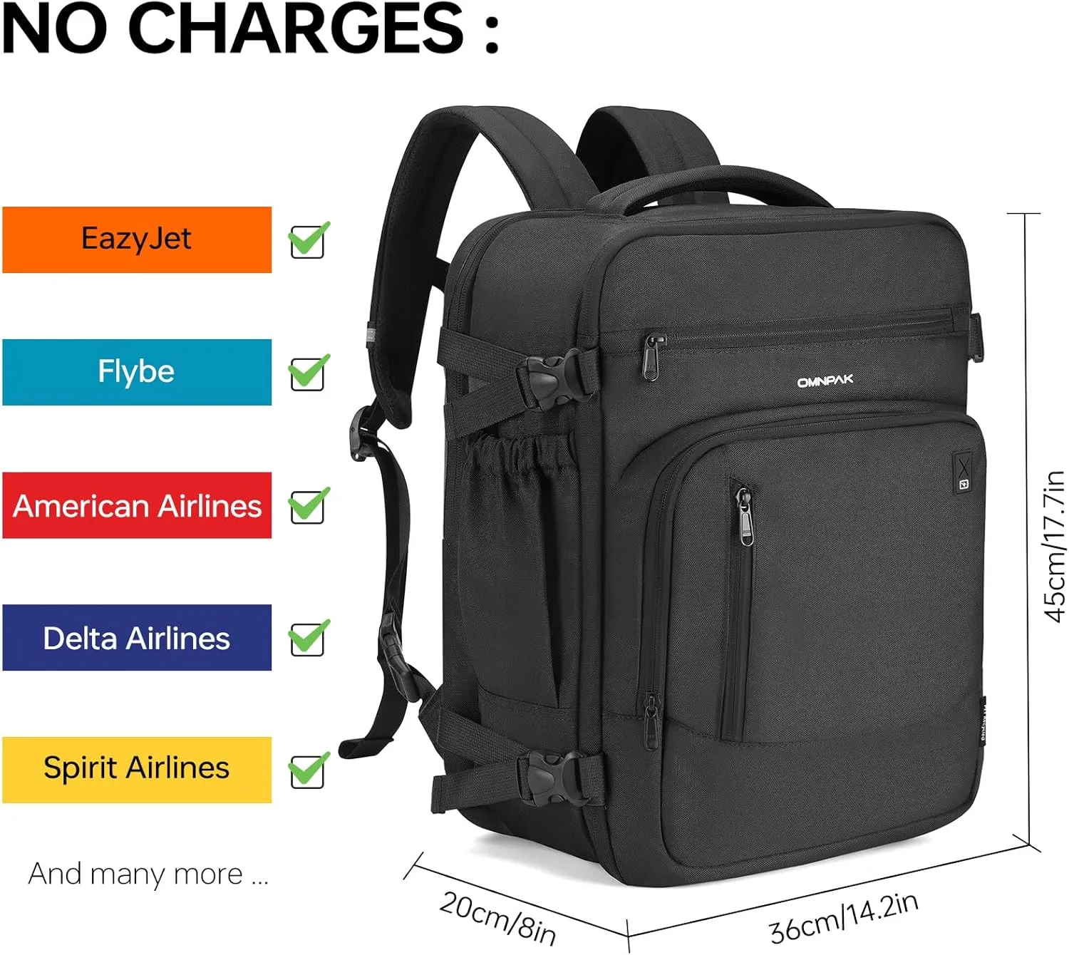Omnpak Travel Backpack 18x14x8, Spirit Airlines Personal Item Bag with Shoe Compartment,17 Inch Laptop Backpack for men Airline Approved,Carry On Luggage with Wet Pocket, Black