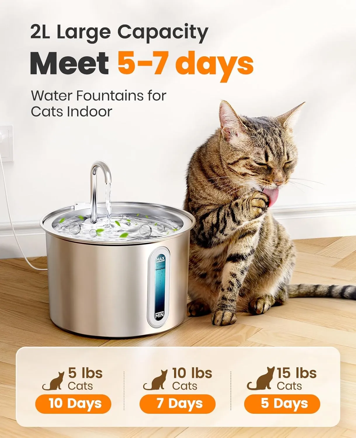 oneisall Stainless Steel Cat Water Fountain, 2L Water Fountains for Cats Indoor with Quiet Pump and 3 Replacement Filters, Pet Water Fountain Faucet Spout Design Cat Fountain Drinking Inside, PWF 001