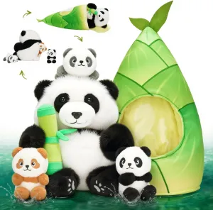 OUOZZZ Panda Stuffed Animals with 3 Babies Inside Panda Bear Plush Toys with 19" Bamboo Shoot Bag - Gift Present Toys for Girls Boys Kids Toddler