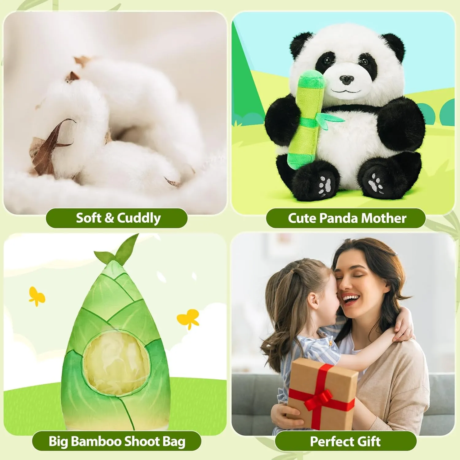 OUOZZZ Panda Stuffed Animals with 3 Babies Inside Panda Bear Plush Toys with 19" Bamboo Shoot Bag - Gift Present Toys for Girls Boys Kids Toddler