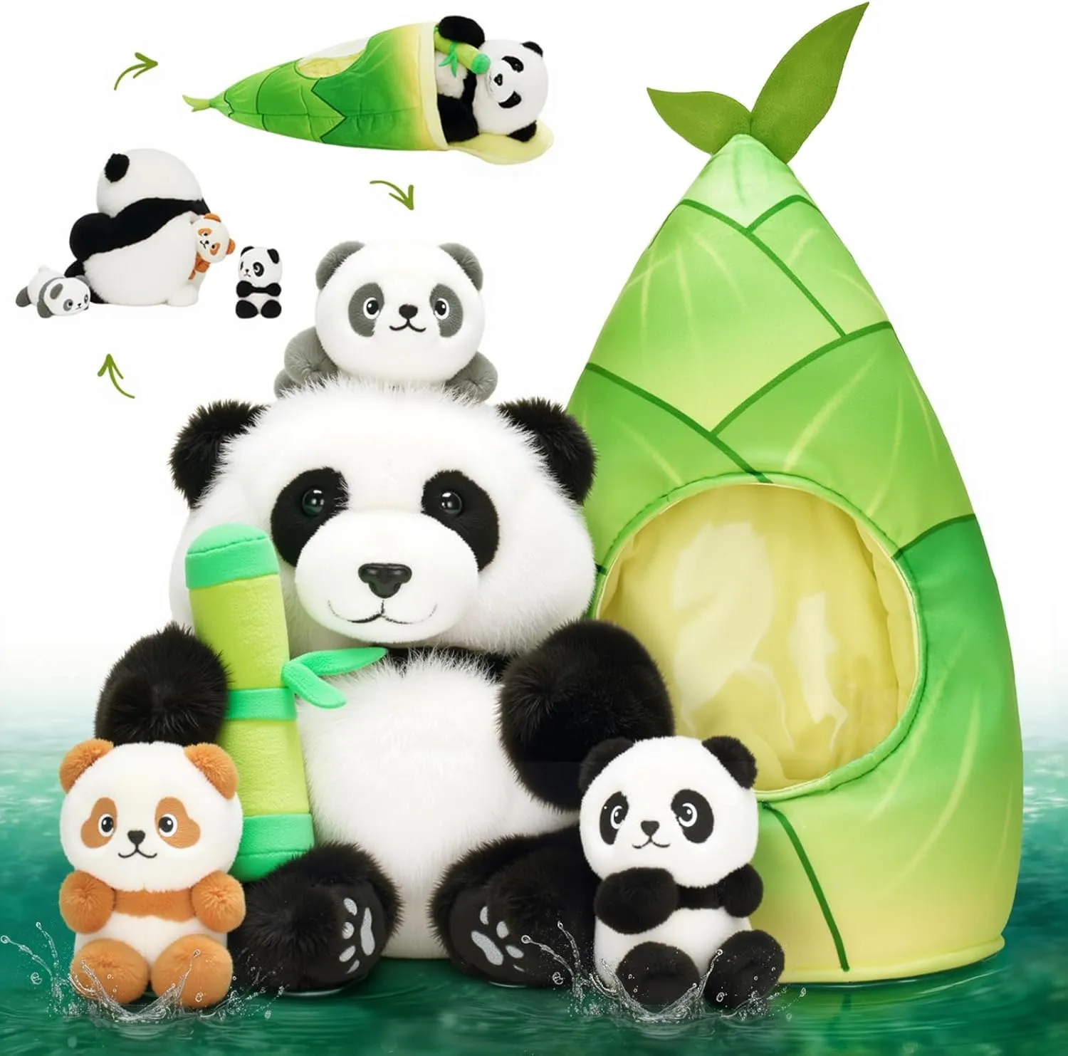 OUOZZZ Panda Stuffed Animals with 3 Babies Inside Panda Bear Plush Toys with 19" Bamboo Shoot Bag - Gift Present Toys for Girls Boys Kids Toddler