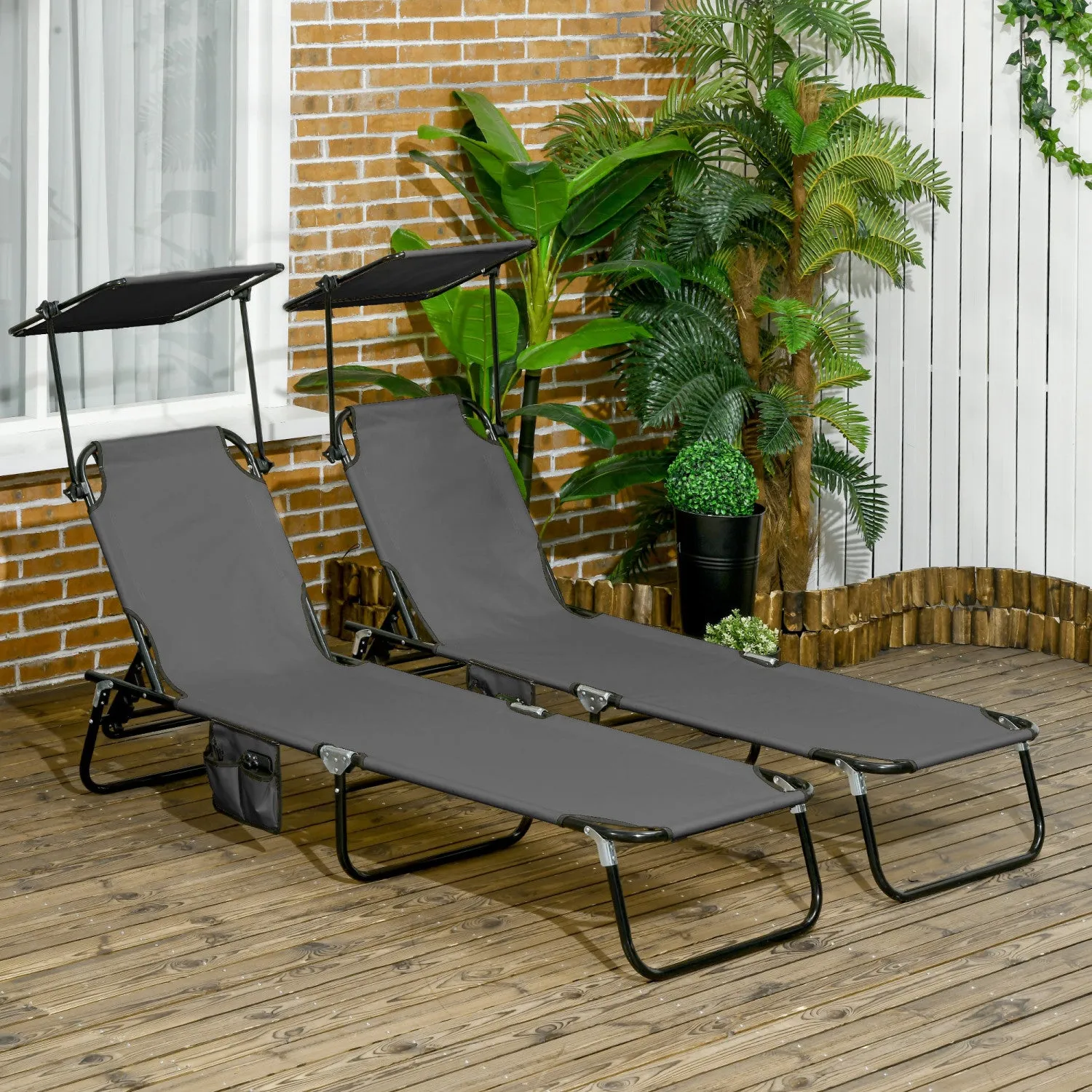 Outsunny 2 Piece Folding Chaise Lounges With Adjustable Backrest Dark Grey