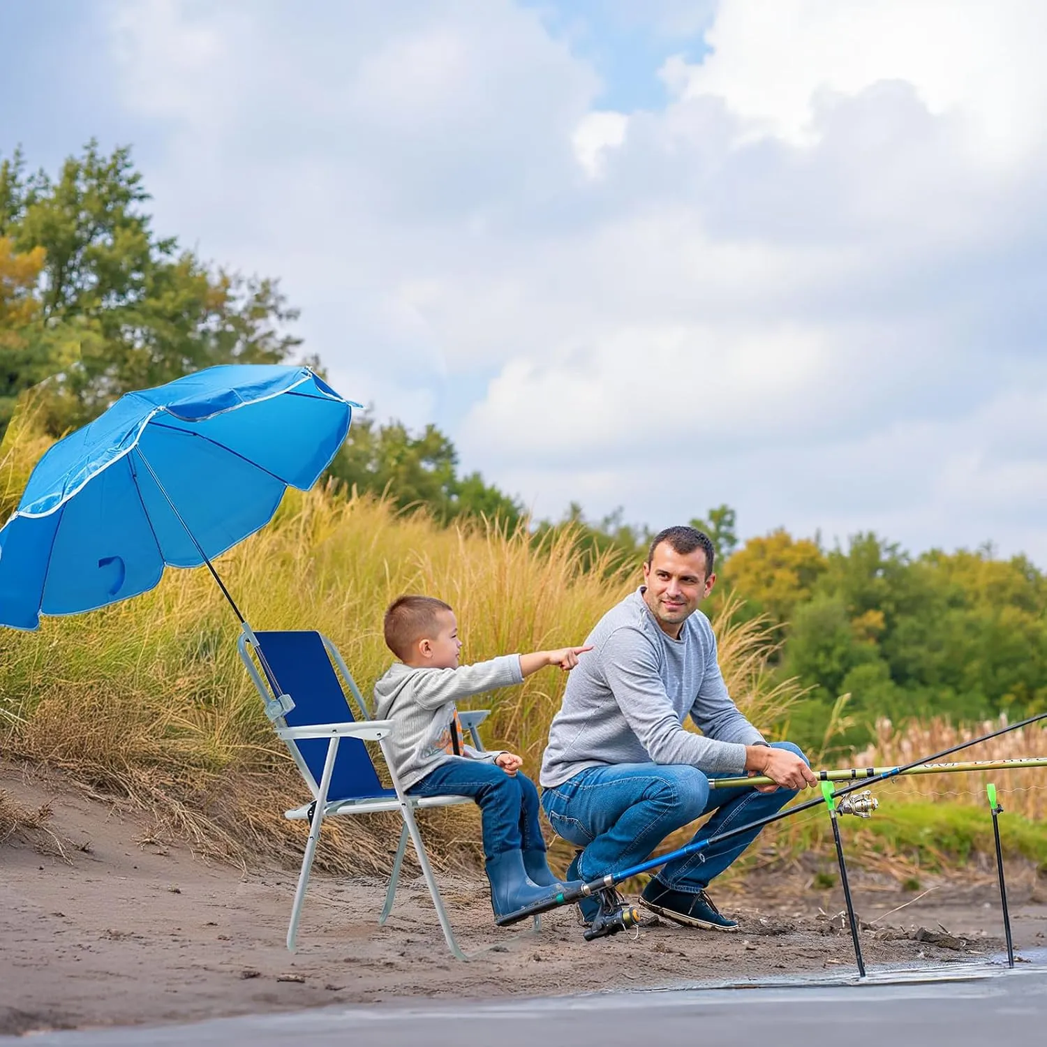 Outvita Beach Chair with Umbrella, Outdoor Folding Chair High Strength Cleanable Fabric Lightweight and Waterproof for Sand Camping Lawn Concert Travel Festival Blue,Heavy Duty Supports 220lbs