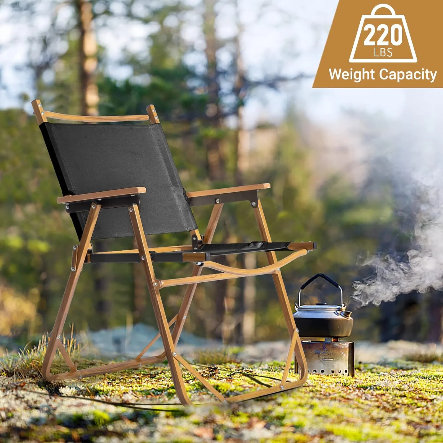 Outvita Portable Folding Camping Chair, Ultralight Low Beach Chair, Durable Aluminum Frame Armchairs for Hiking Concert Fishing Picnic, Supports 220Lbs (Black Large)