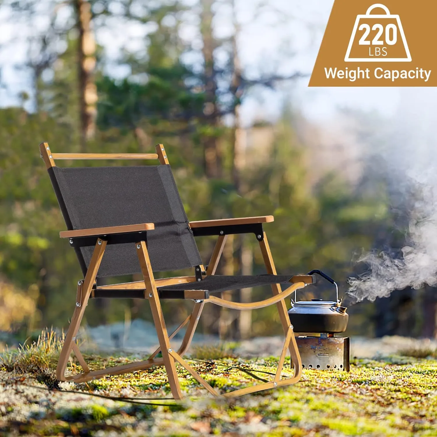 Outvita Portable Folding Camping Chair, Ultralight Low Beach Chair, Durable Aluminum Frame Armchairs for Hiking Concert Fishing Picnic, Supports 220Lbs (Black Medium)