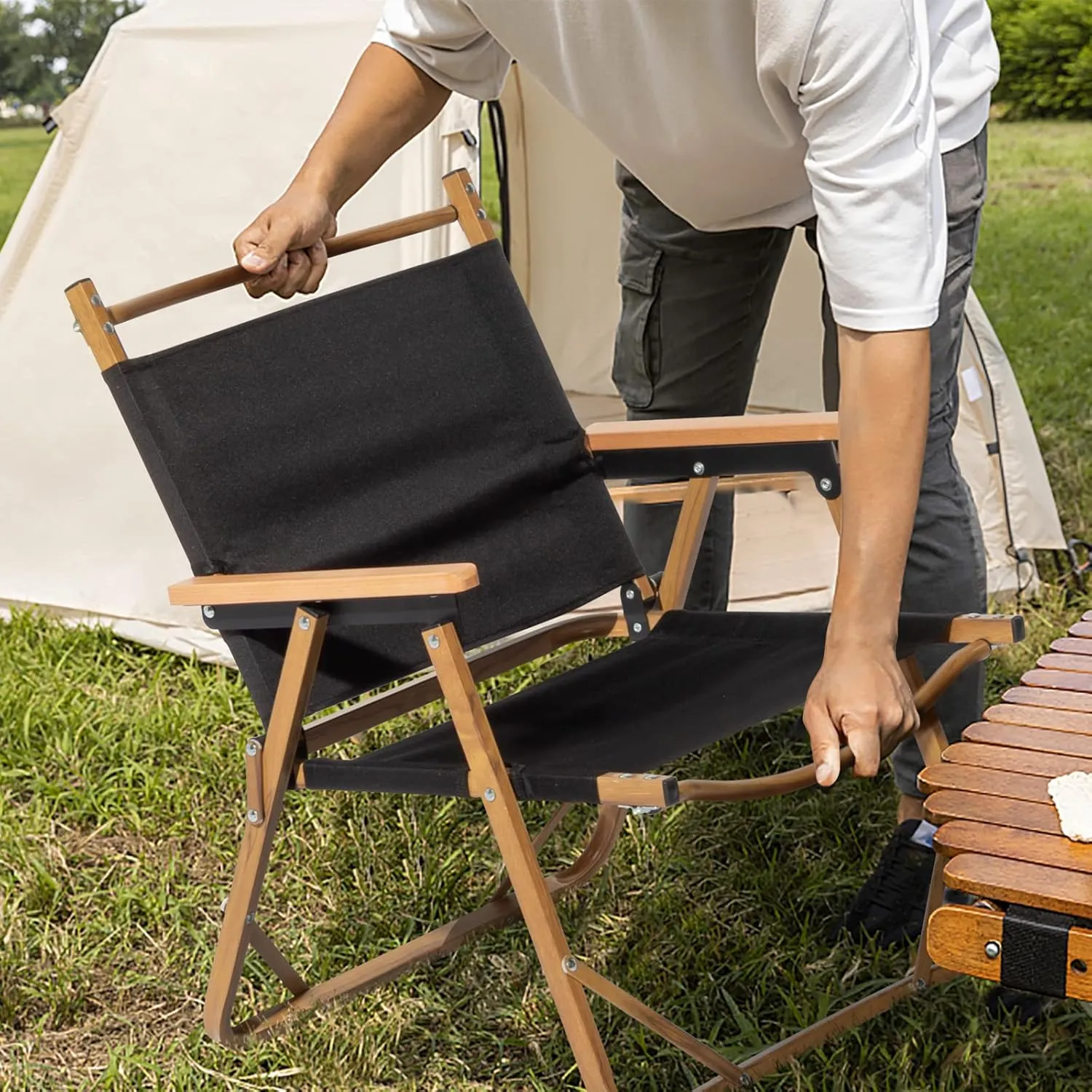 Outvita Portable Folding Camping Chair, Ultralight Low Beach Chair, Durable Aluminum Frame Armchairs for Hiking Concert Fishing Picnic, Supports 220Lbs (Black Medium)