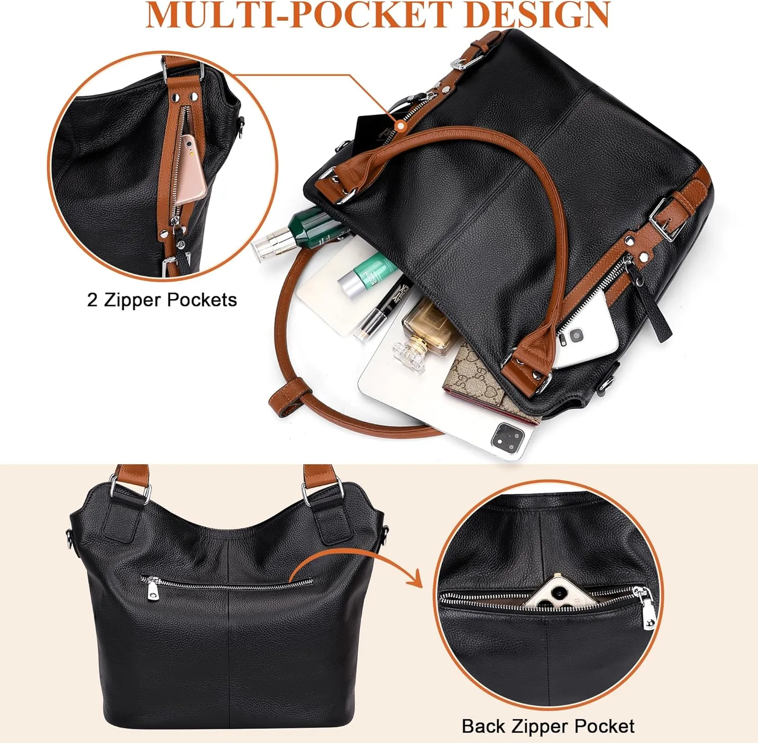 Over Earth Genuine Leather Handbags for Women Hobo Shoulder Bags Ladies Tote Bag