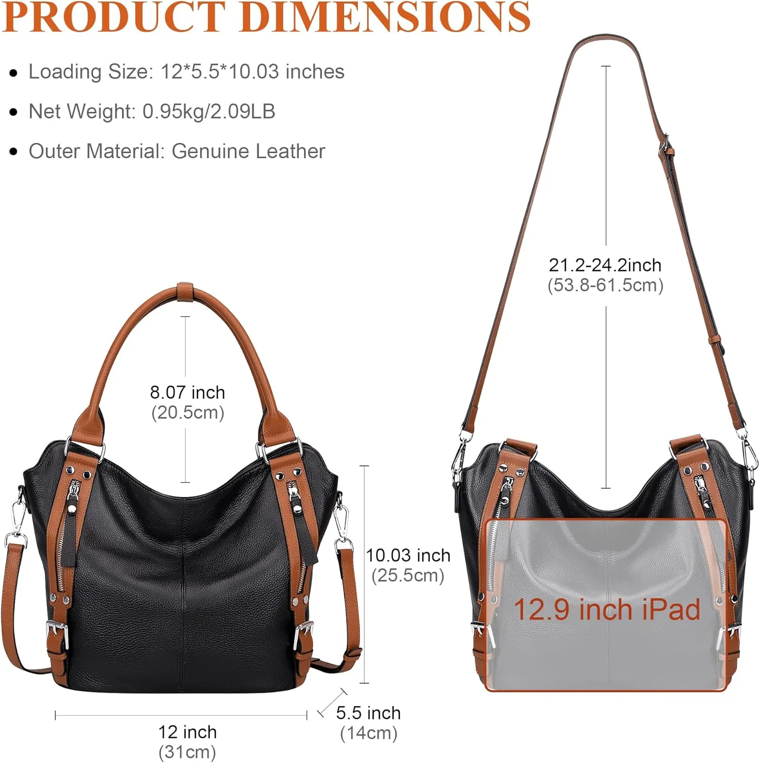 Over Earth Genuine Leather Handbags for Women Hobo Shoulder Bags Ladies Tote Bag