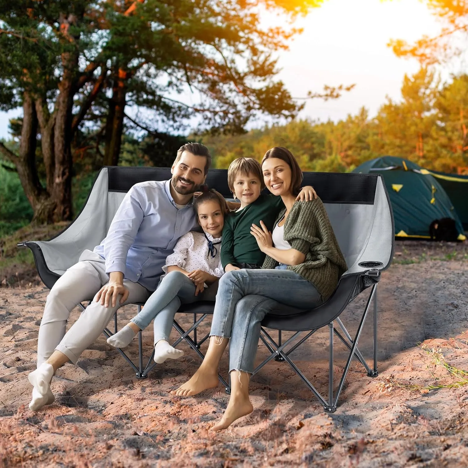 Oversized 2-3 Person Camping Chair Comfortable Outdoor Loveseat Camping Couch with Thick Padded Cushion, Cup Holder, Foldable Portable Sofa for Beach, Camp, Picnics Patio(Black)