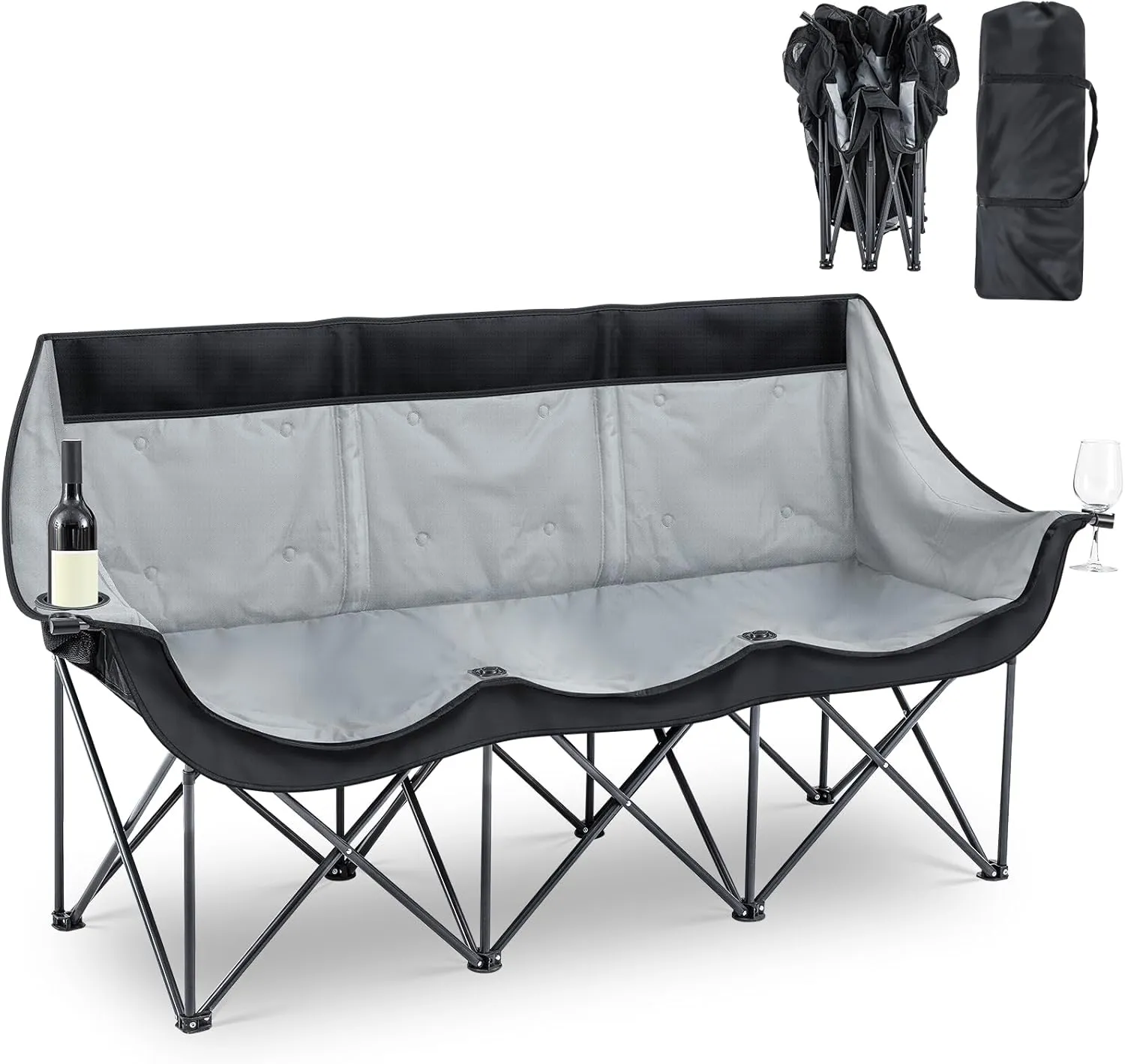 Oversized 2-3 Person Camping Chair Comfortable Outdoor Loveseat Camping Couch with Thick Padded Cushion, Cup Holder, Foldable Portable Sofa for Beach, Camp, Picnics Patio(Black)