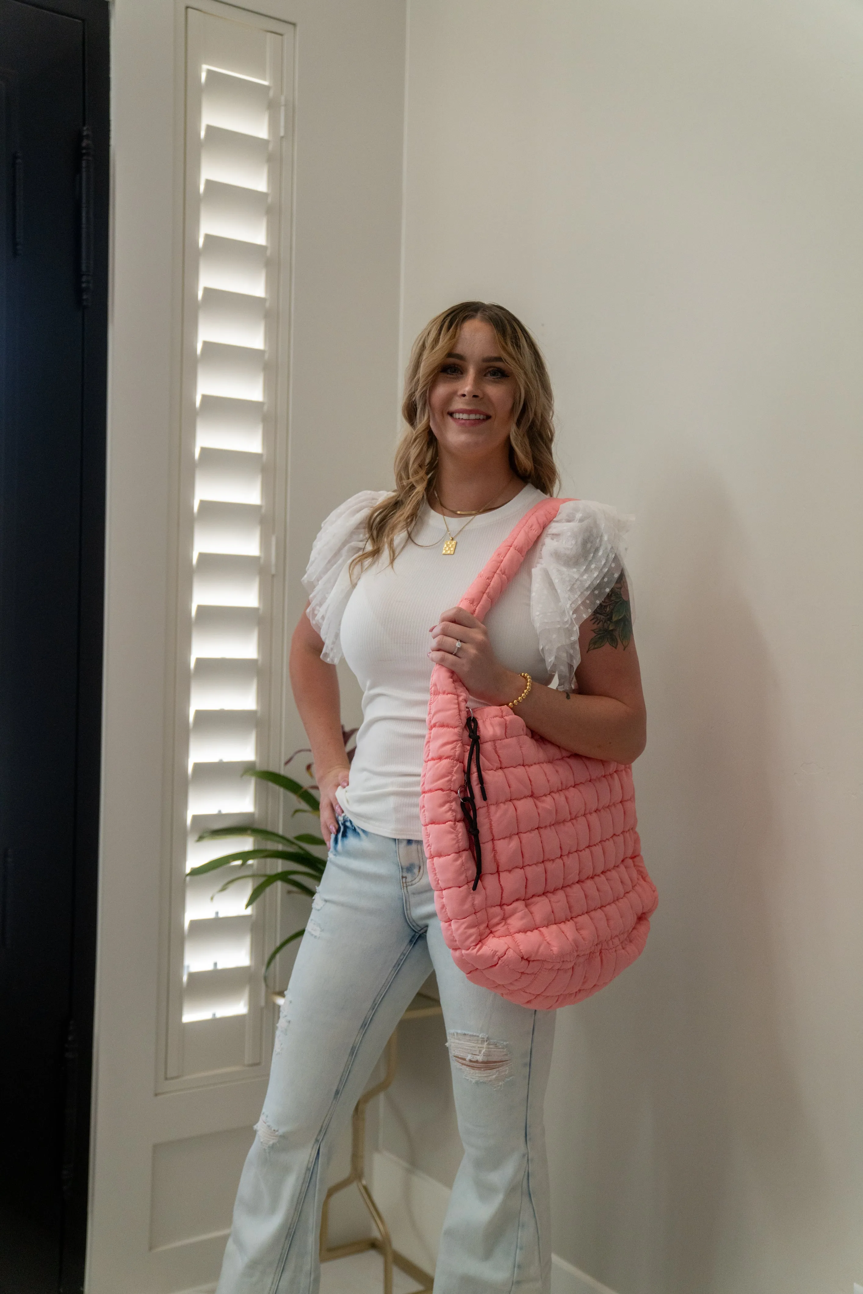 Oversized Quilted Carryall Tote Bag by Zenana (Lt Grey)