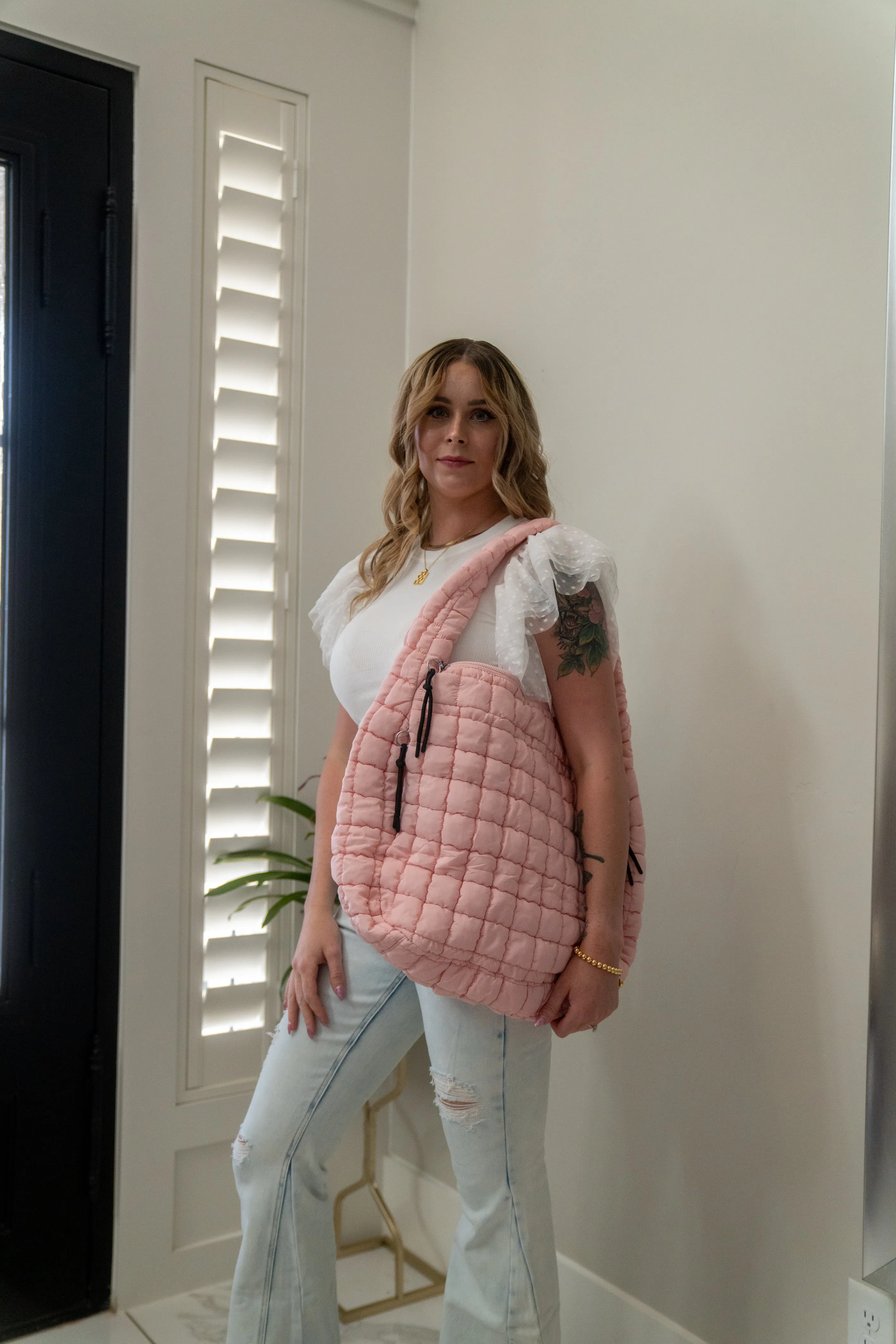 Oversized Quilted Carryall Tote Bag by Zenana (Lt Grey)