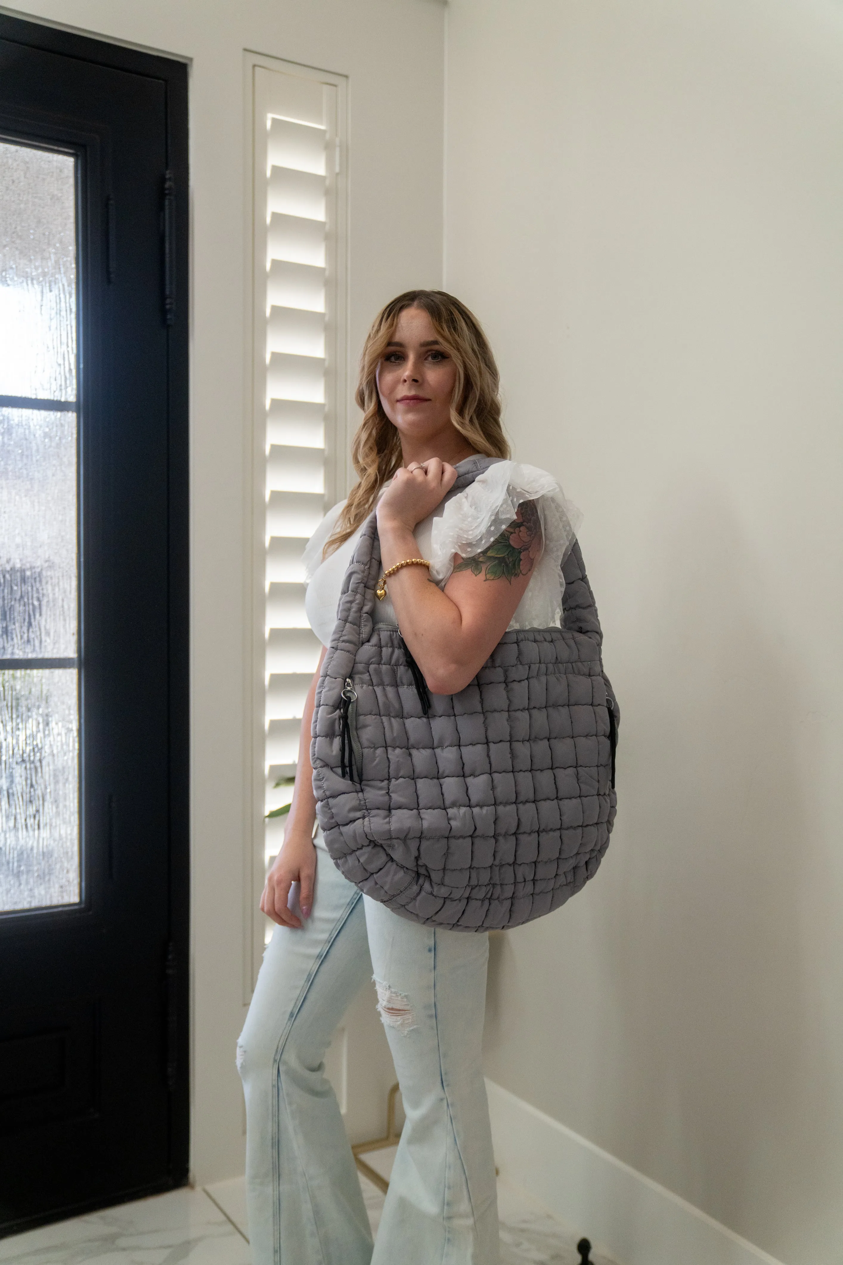 Oversized Quilted Carryall Tote Bag by Zenana (Lt Grey)