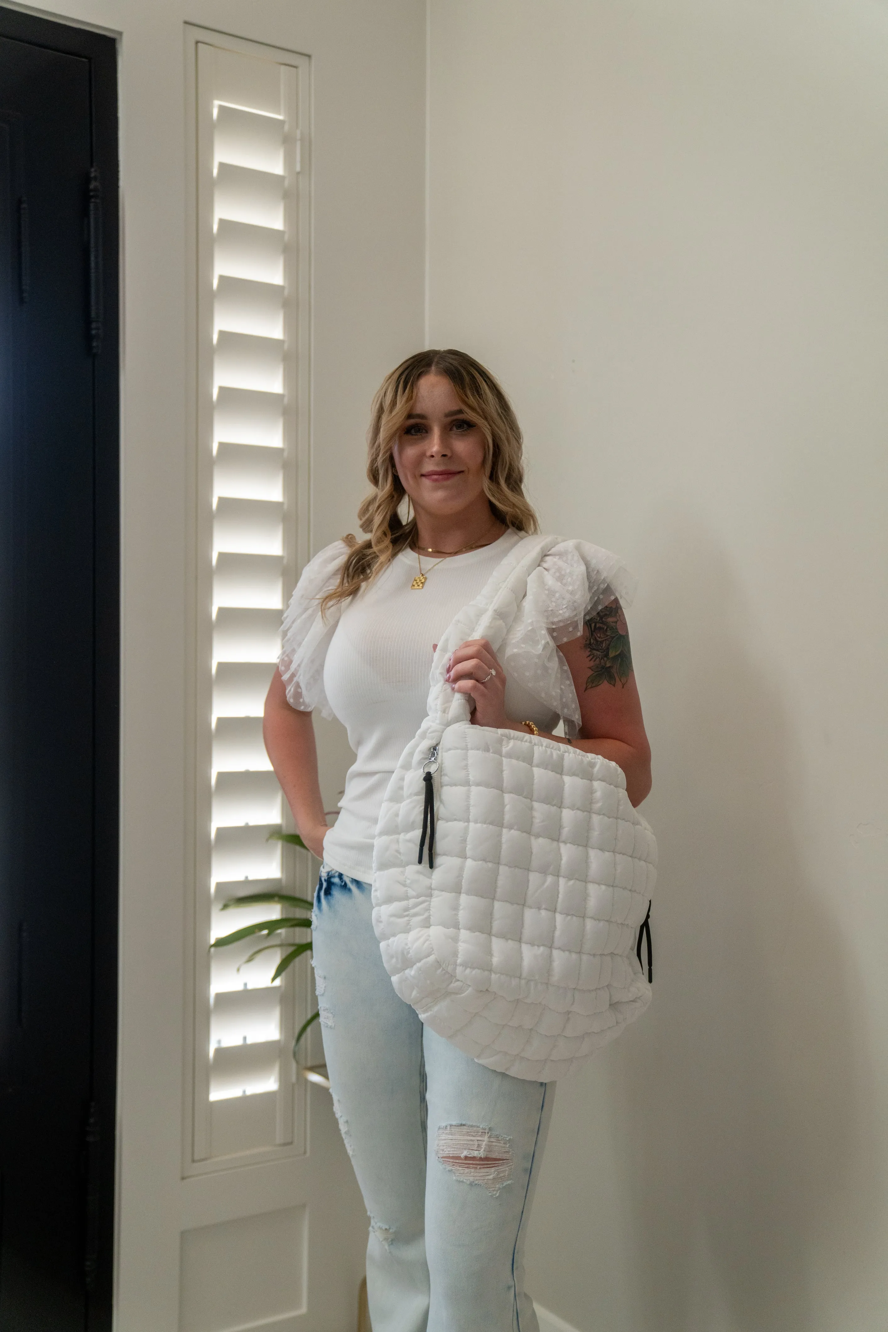 Oversized Quilted Carryall Tote Bag by Zenana (Lt Grey)