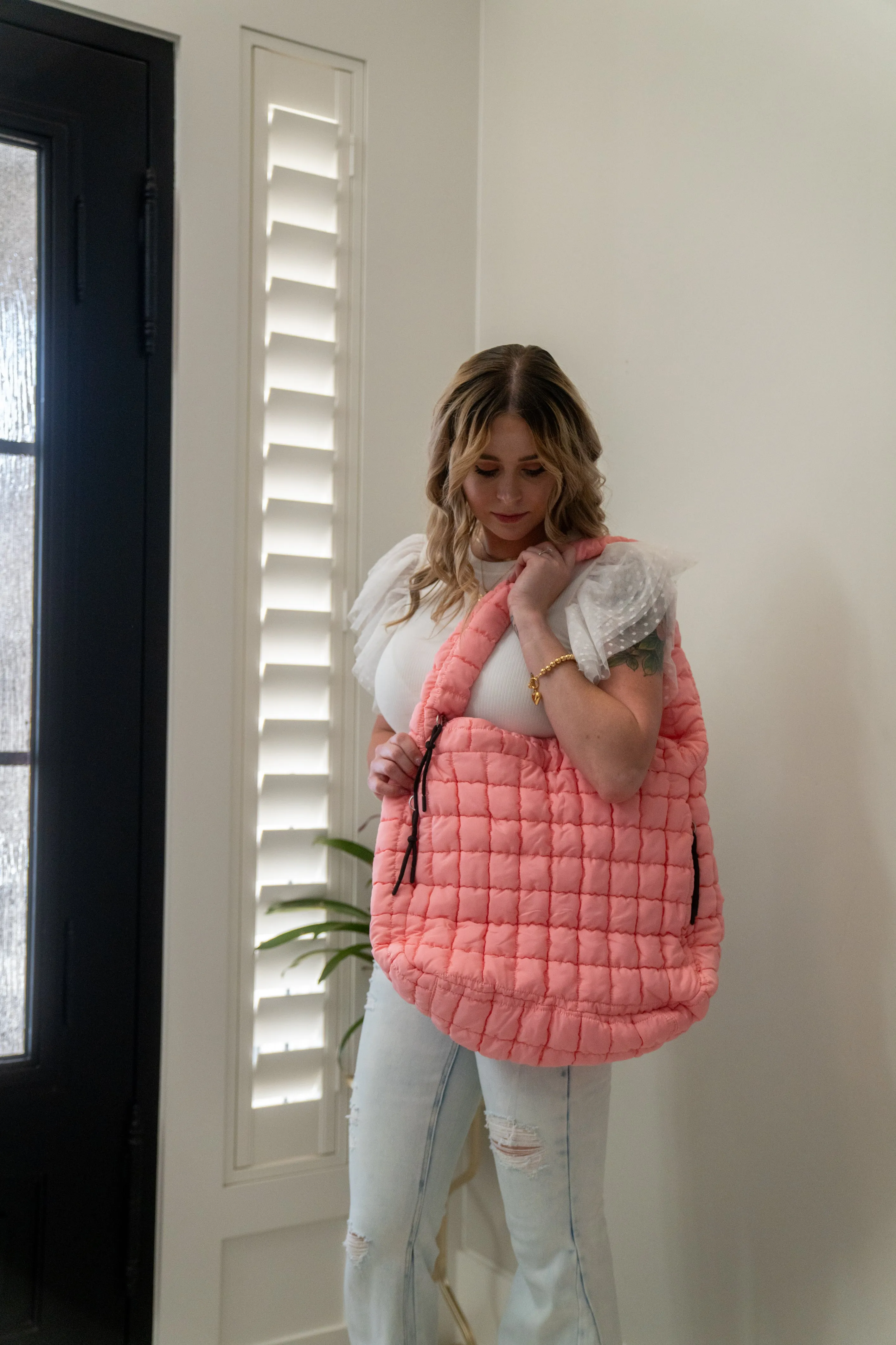 Oversized Quilted Carryall Tote Bag by Zenana (Lt Grey)