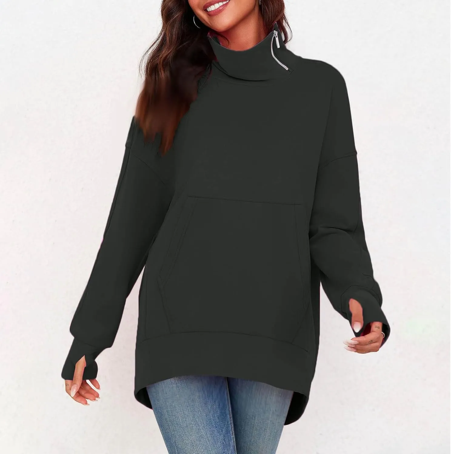 Oversized Sweatshirts for Women Trendy Zip High Neck Long Sleeve Solid Pullover Casual Cozy Warm Y2k Tops with Pocket