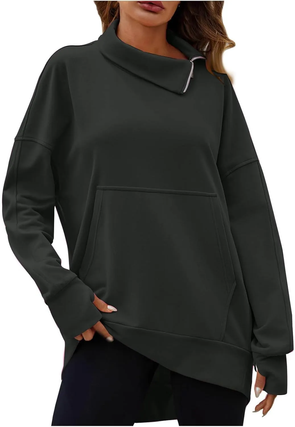 Oversized Sweatshirts for Women Trendy Zip High Neck Long Sleeve Solid Pullover Casual Cozy Warm Y2k Tops with Pocket