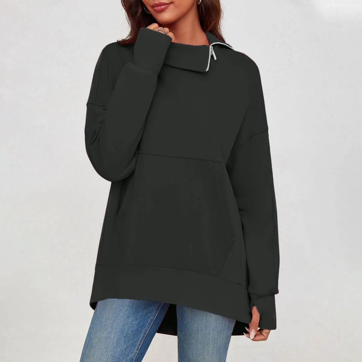 Oversized Sweatshirts for Women Trendy Zip High Neck Long Sleeve Solid Pullover Casual Cozy Warm Y2k Tops with Pocket