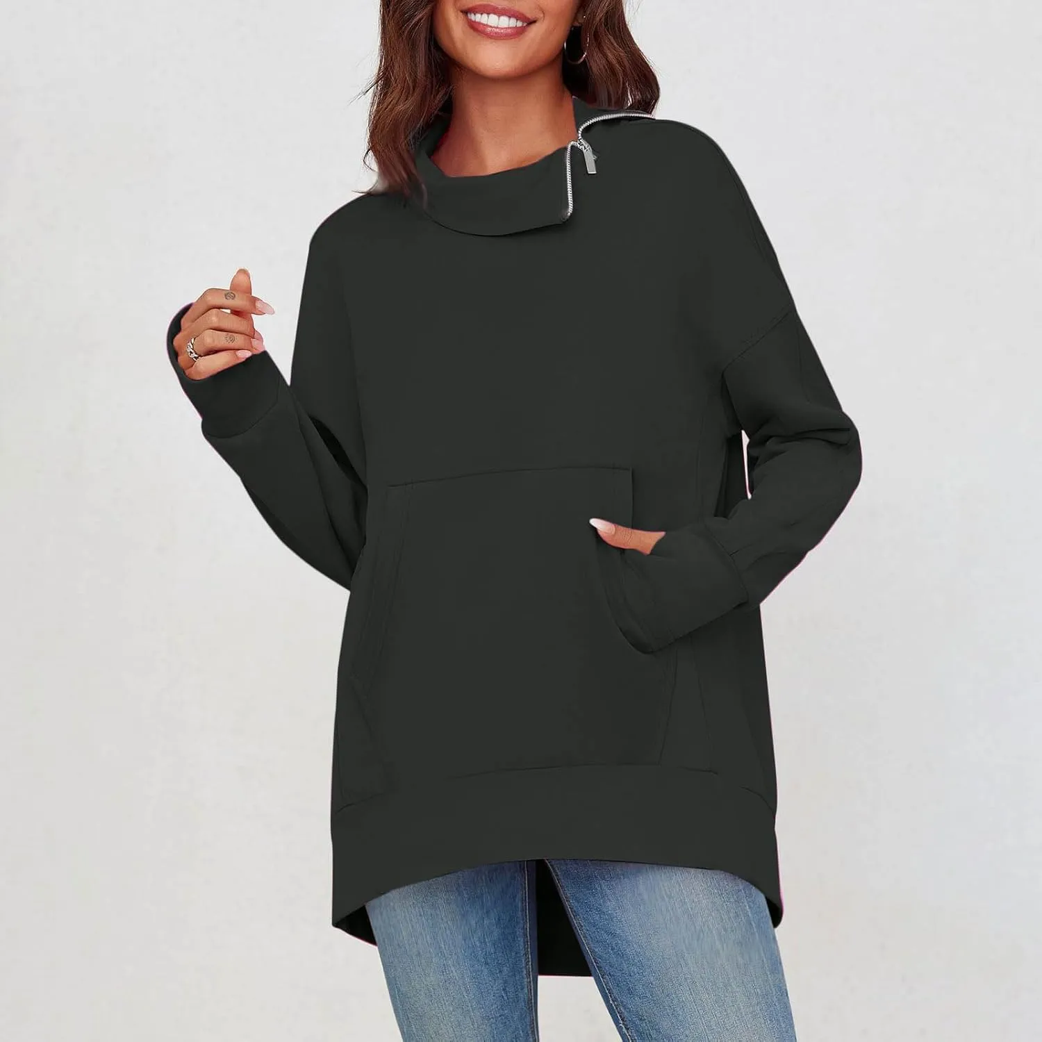 Oversized Sweatshirts for Women Trendy Zip High Neck Long Sleeve Solid Pullover Casual Cozy Warm Y2k Tops with Pocket
