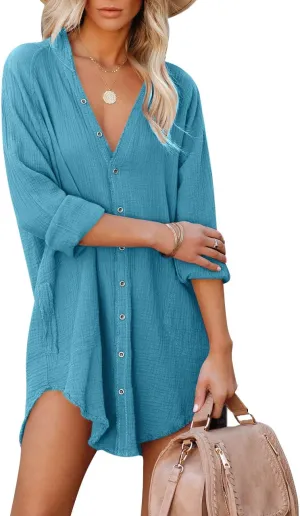 Paintcolors Women's Long Sleeve Button Down Tunic Dresses Beach Cover-ups Oversized Blouse Tops with Pockets