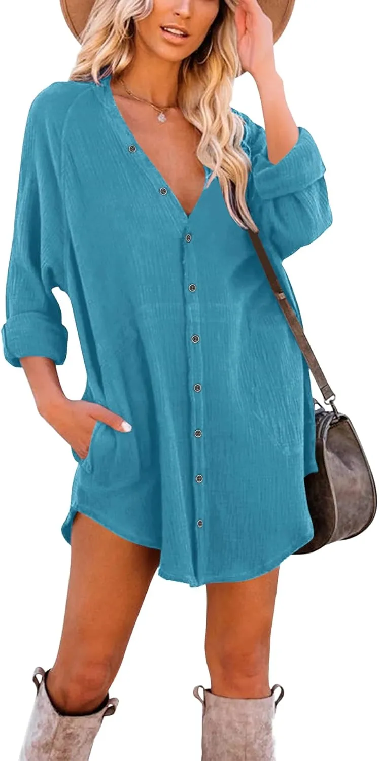 Paintcolors Women's Long Sleeve Button Down Tunic Dresses Beach Cover-ups Oversized Blouse Tops with Pockets