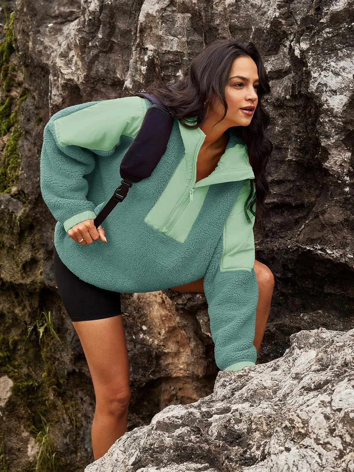 Panadila Womens Half Zip Pullover with Pockets Sherpa Hoodie Oversized Hooded Sweatshirt Warm Fleece Jackets