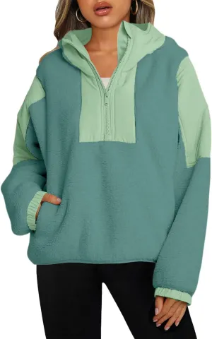 Panadila Womens Half Zip Pullover with Pockets Sherpa Hoodie Oversized Hooded Sweatshirt Warm Fleece Jackets