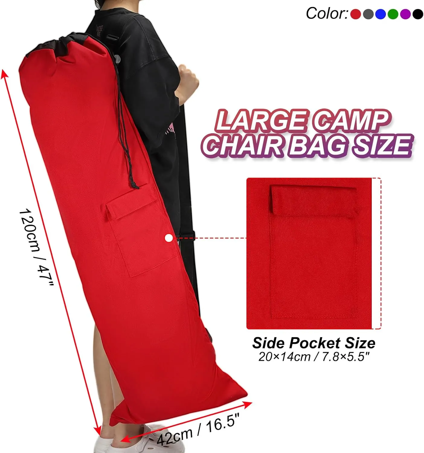PATIKIL 47 Inch Camp Chair Replacement Bag, Foldable Camping Chair Bag 900D Oxford Large Mouth Carry Bag with Adjustable Shoulder Strap & Side Pocket for Outdoor Camping, Gray