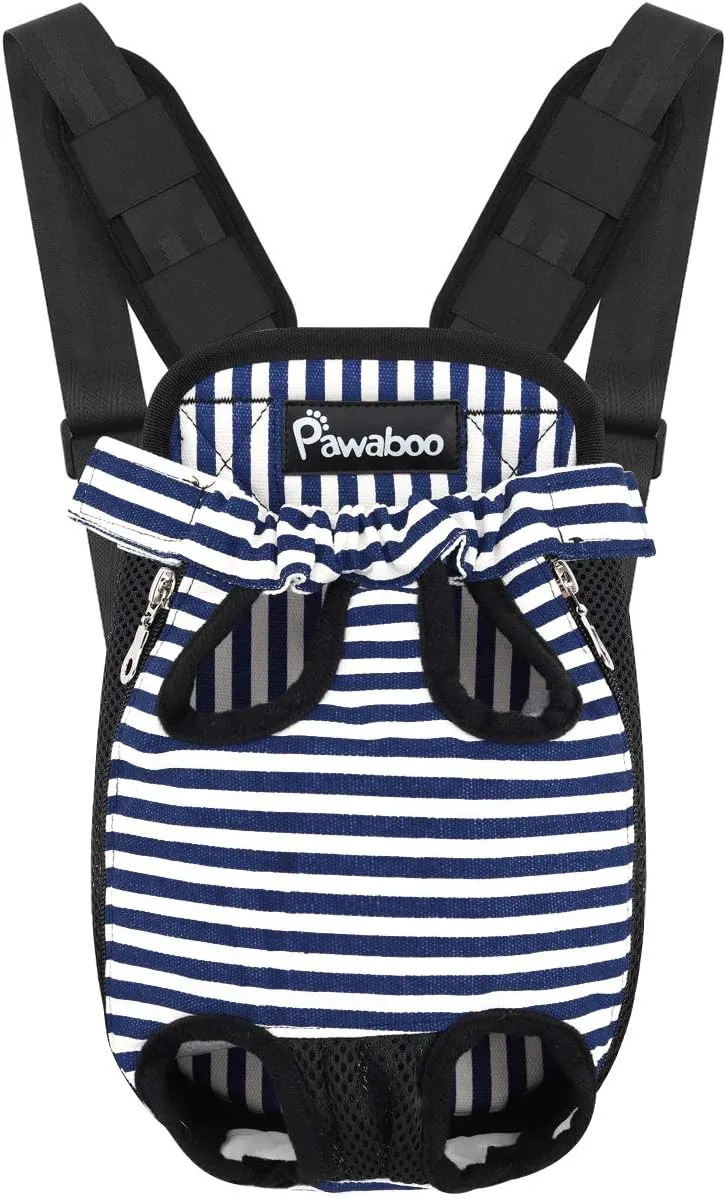 Pawaboo Pet Carrier Backpack, Adjustable Pet Front Cat Dog Carrier Backpack Travel Bag, Legs Out, Easy-Fit for Traveling Hiking Camping for Small Medium Dogs Cats Puppies, Small, Blue & White Stripes