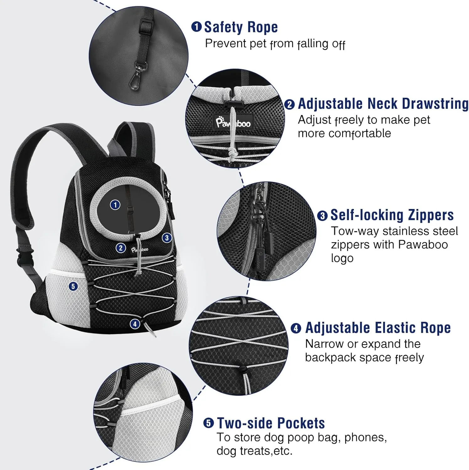 Pawaboo Pet Dog Carrier Backpack, Puppy Dog Travel Front Carrier for Small Medium Dogs Cats, Adjustable Breathable Dog Carrying Backpack with Safety Strips for Hiking, Walking (Black S Up to 5 lbs)