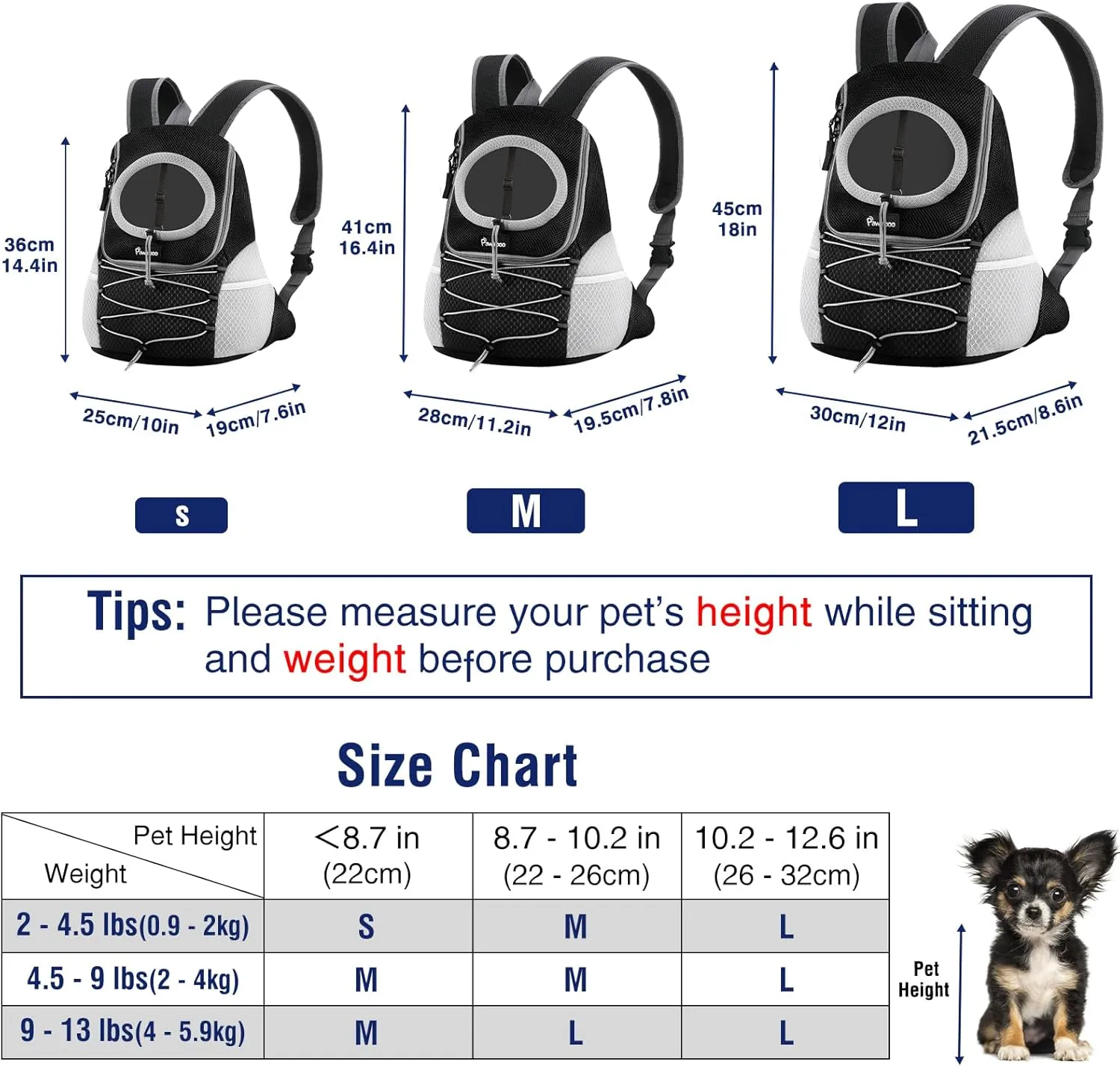 Pawaboo Pet Dog Carrier Backpack, Puppy Dog Travel Front Carrier for Small Medium Dogs Cats, Adjustable Breathable Dog Carrying Backpack with Safety Strips for Hiking, Walking (Black S Up to 5 lbs)