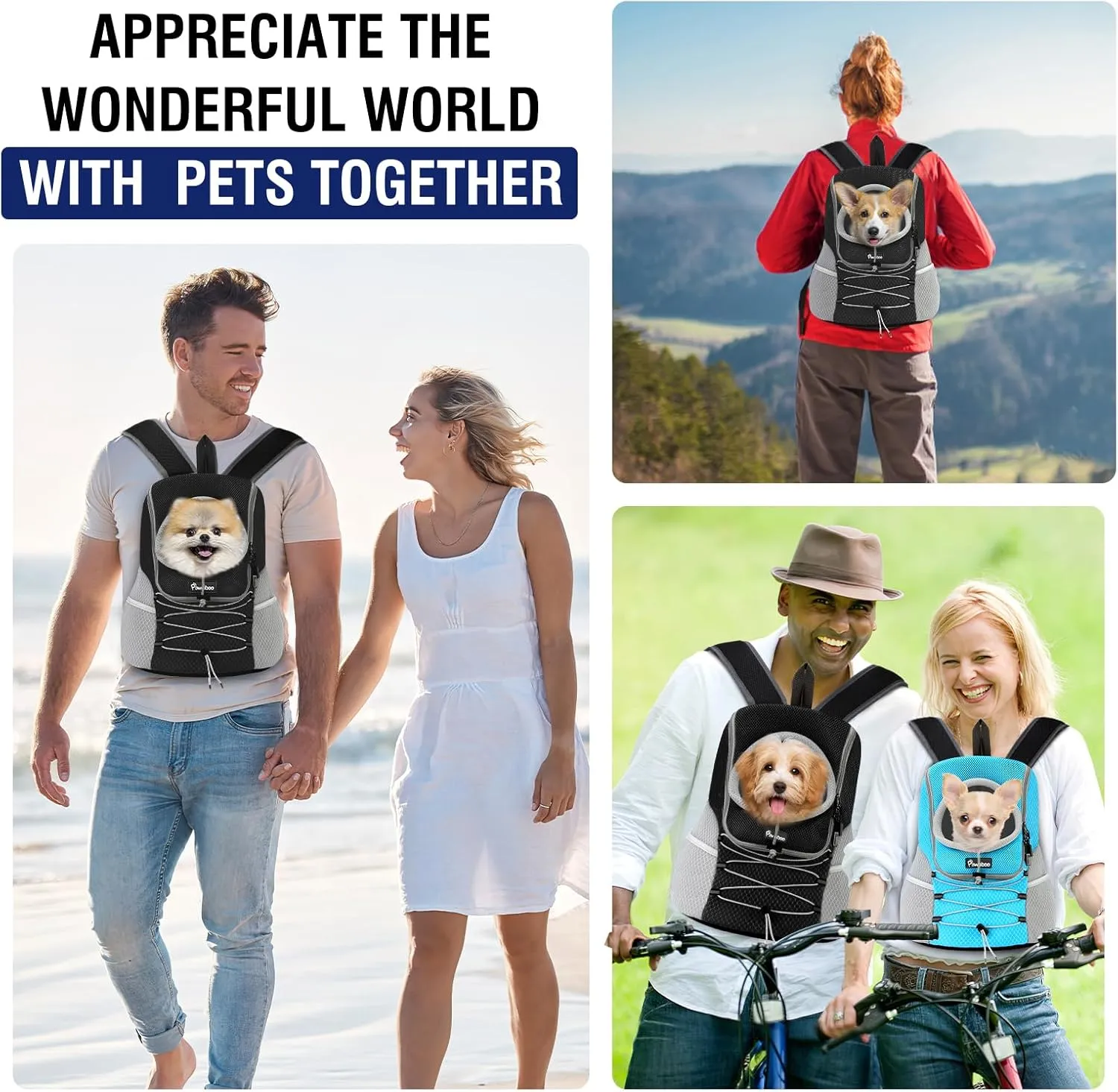 Pawaboo Pet Dog Carrier Backpack, Puppy Dog Travel Front Carrier for Small Medium Dogs Cats, Adjustable Breathable Dog Carrying Backpack with Safety Strips for Hiking, Walking (Black S Up to 5 lbs)