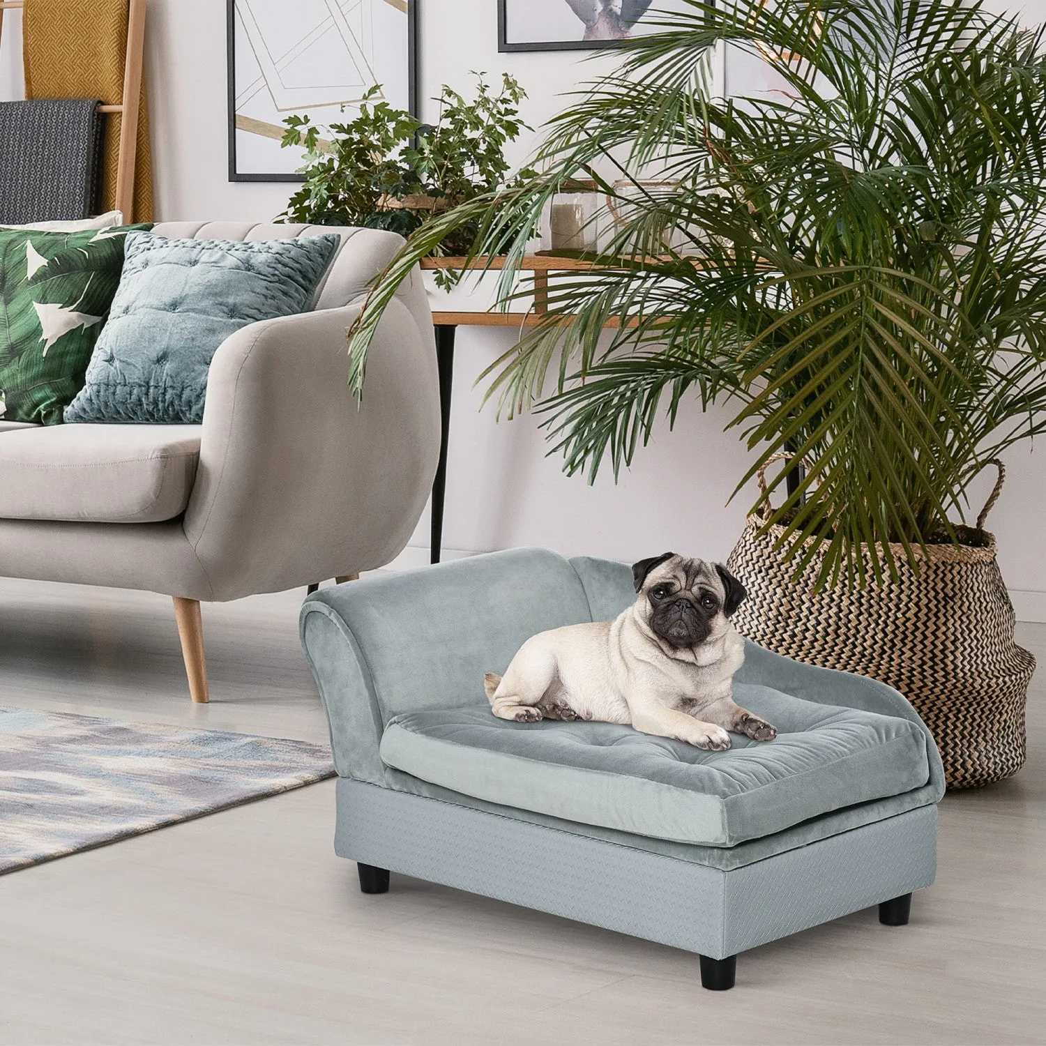 Pawhut Pet Sofa Dog Couch Chaise Lounge Pet Bed With Storage Function Small Sized Dog Various Cat Sp|Canape Chien Chat Sur Pied Avec Coffre De Rangement Style Moderne Coussin D'assise Amovible Grand Co