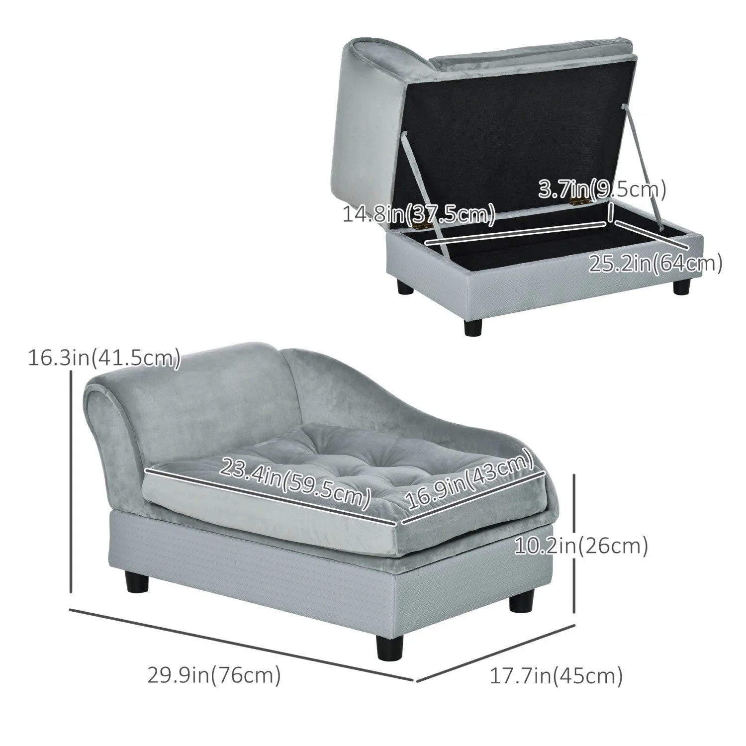 Pawhut Pet Sofa Dog Couch Chaise Lounge Pet Bed With Storage Function Small Sized Dog Various Cat Sp|Canape Chien Chat Sur Pied Avec Coffre De Rangement Style Moderne Coussin D'assise Amovible Grand Co