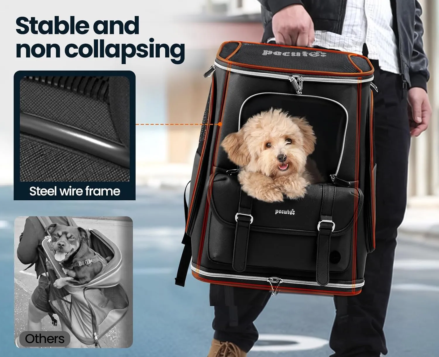 Pecute Cat Backpack Carrier,Anti-Gravity 30% Energy Saving, Dog Backpack with Waterproof PU Leather, Cat Carrier for Small Dog,Suitable for Climbing, Hiking, Traveling, Black
