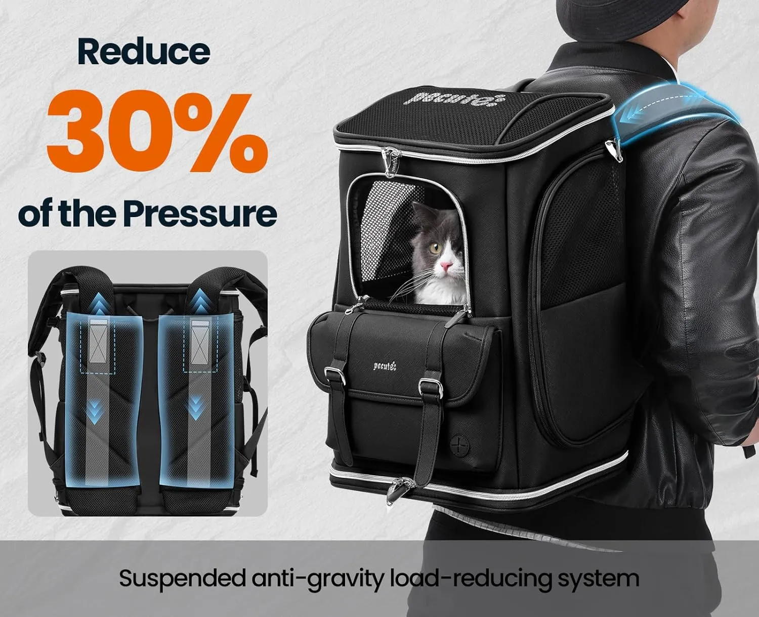Pecute Cat Backpack Carrier,Anti-Gravity 30% Energy Saving, Dog Backpack with Waterproof PU Leather, Cat Carrier for Small Dog,Suitable for Climbing, Hiking, Traveling, Black