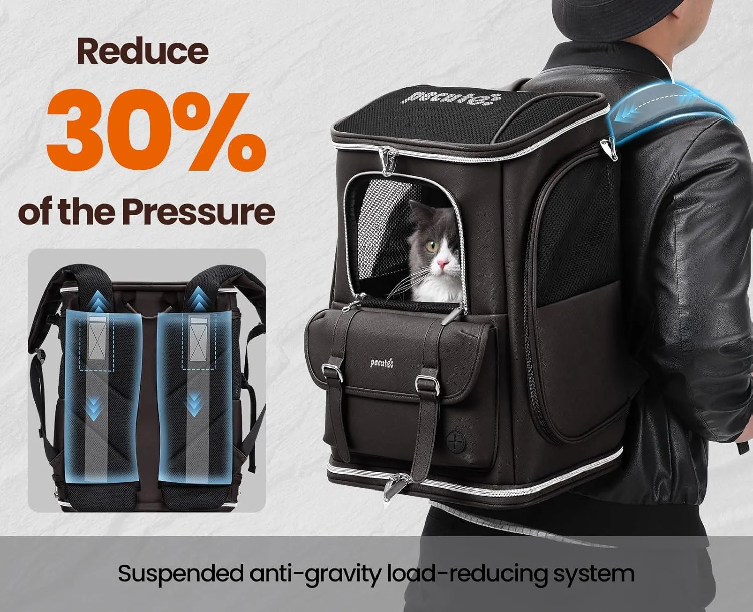 Pecute Cat Backpack Carrier,Anti-Gravity 30% Energy Saving, Dog Backpack with Waterproof PU Leather, Cat Carrier for Small Dog,Suitable for Climbing, Hiking, Traveling, Brown