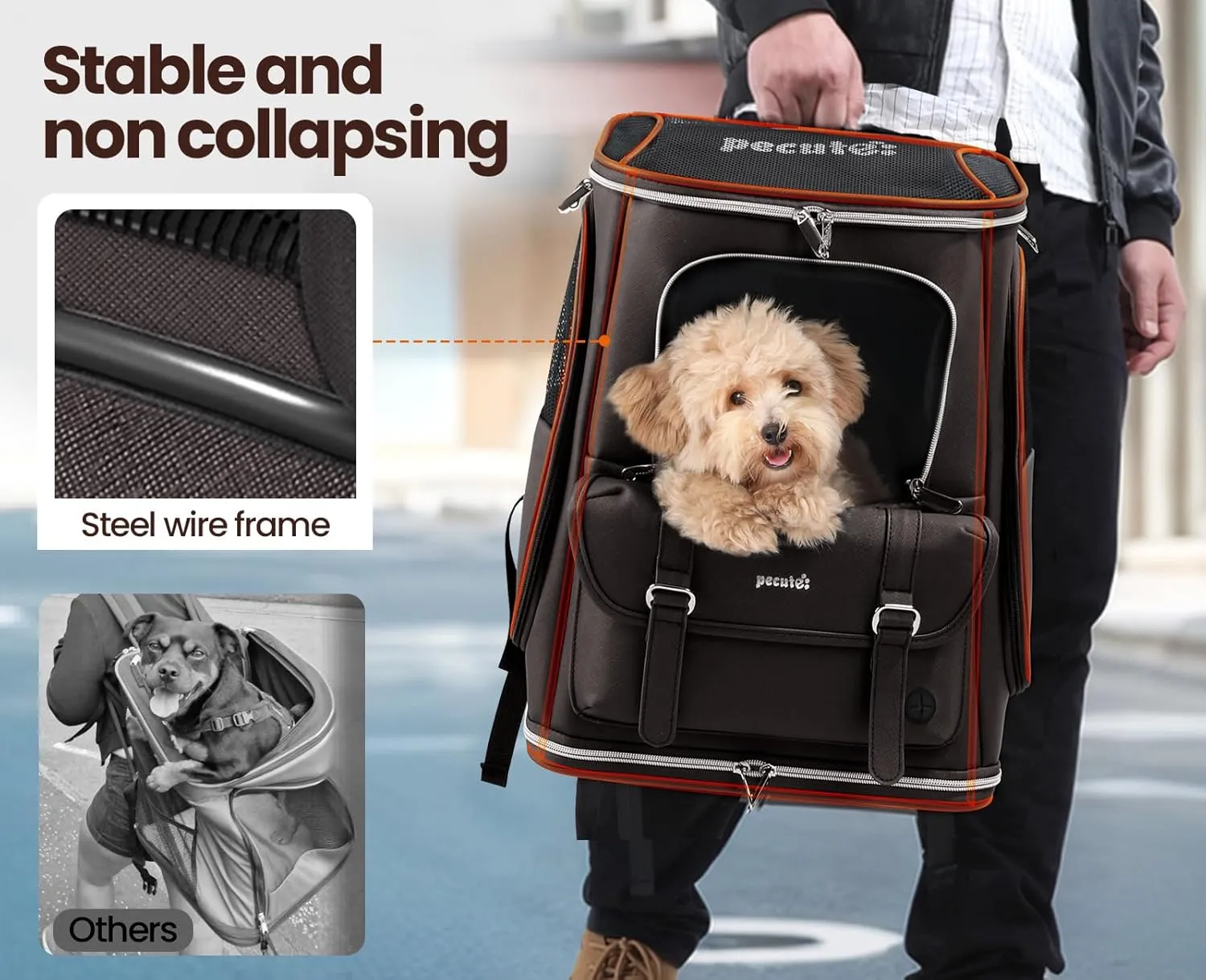 Pecute Cat Backpack Carrier,Anti-Gravity 30% Energy Saving, Dog Backpack with Waterproof PU Leather, Cat Carrier for Small Dog,Suitable for Climbing, Hiking, Traveling, Brown
