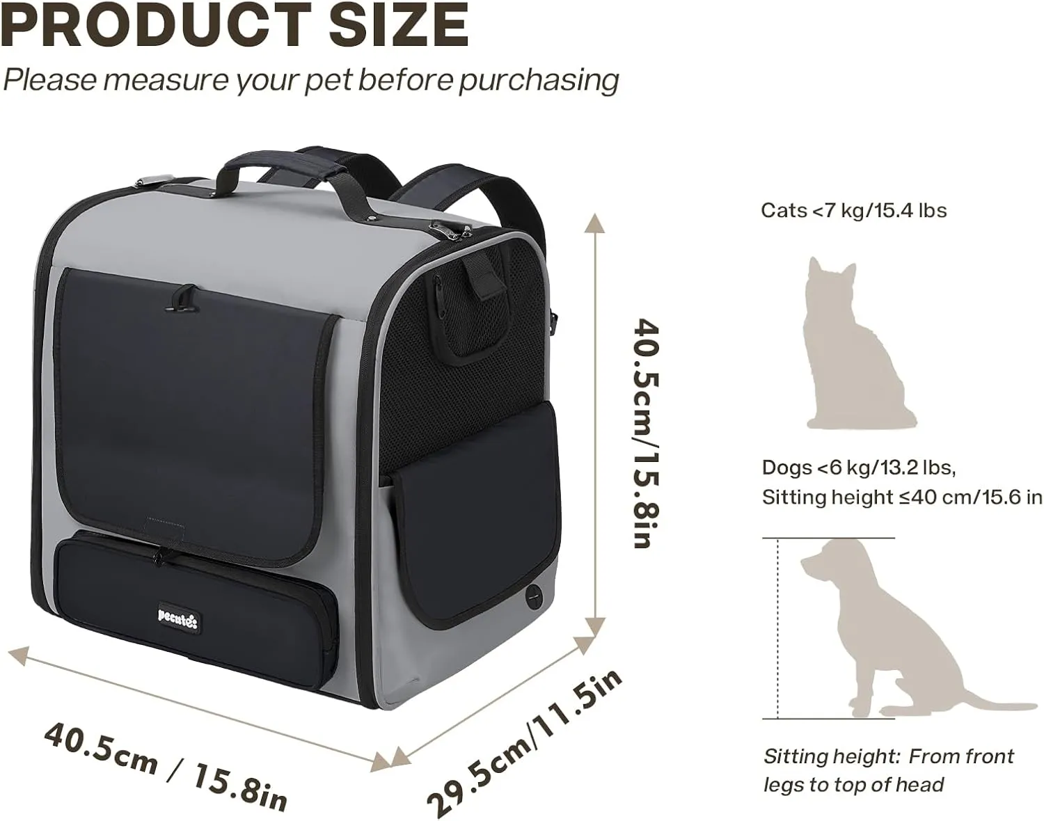 Pecute Cat Carrier Backpack Pet Carrier Backpack Widen Large Space, Stable Pet Backpack for Cat Small Dog, Ventilated Pet Backpack Miniature Dachshund Bag Suitable for Hiking, Camping Grey