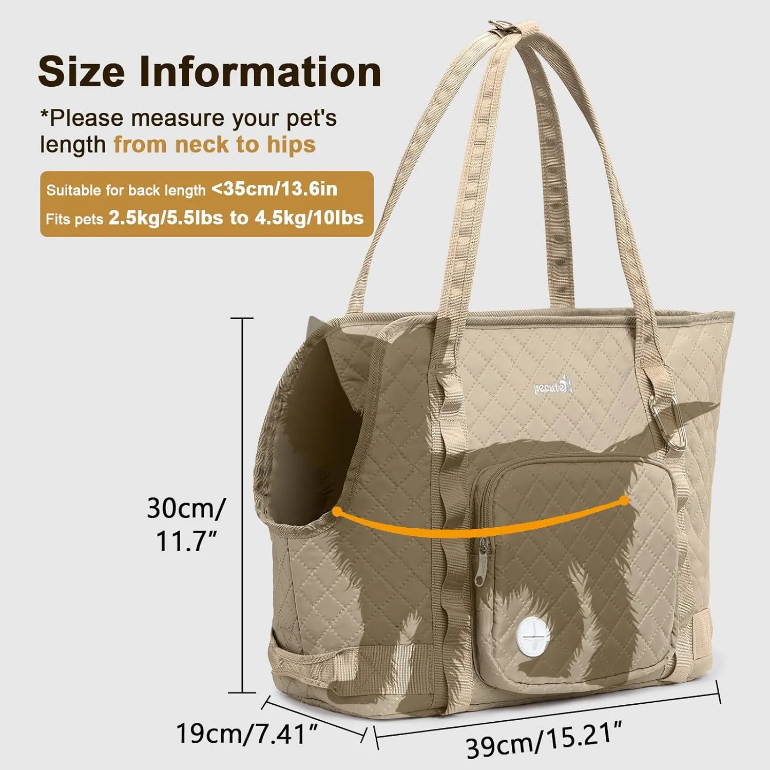 Pecute Dog Purse Carrier, Dog Carrier with Pockets for Small Dogs, Fits Dogs 5.5 lbs to 11 lbs, Lightweight Dog and Puppies Tote Bag Carrier, Outing, Travel, Vet, Khaki